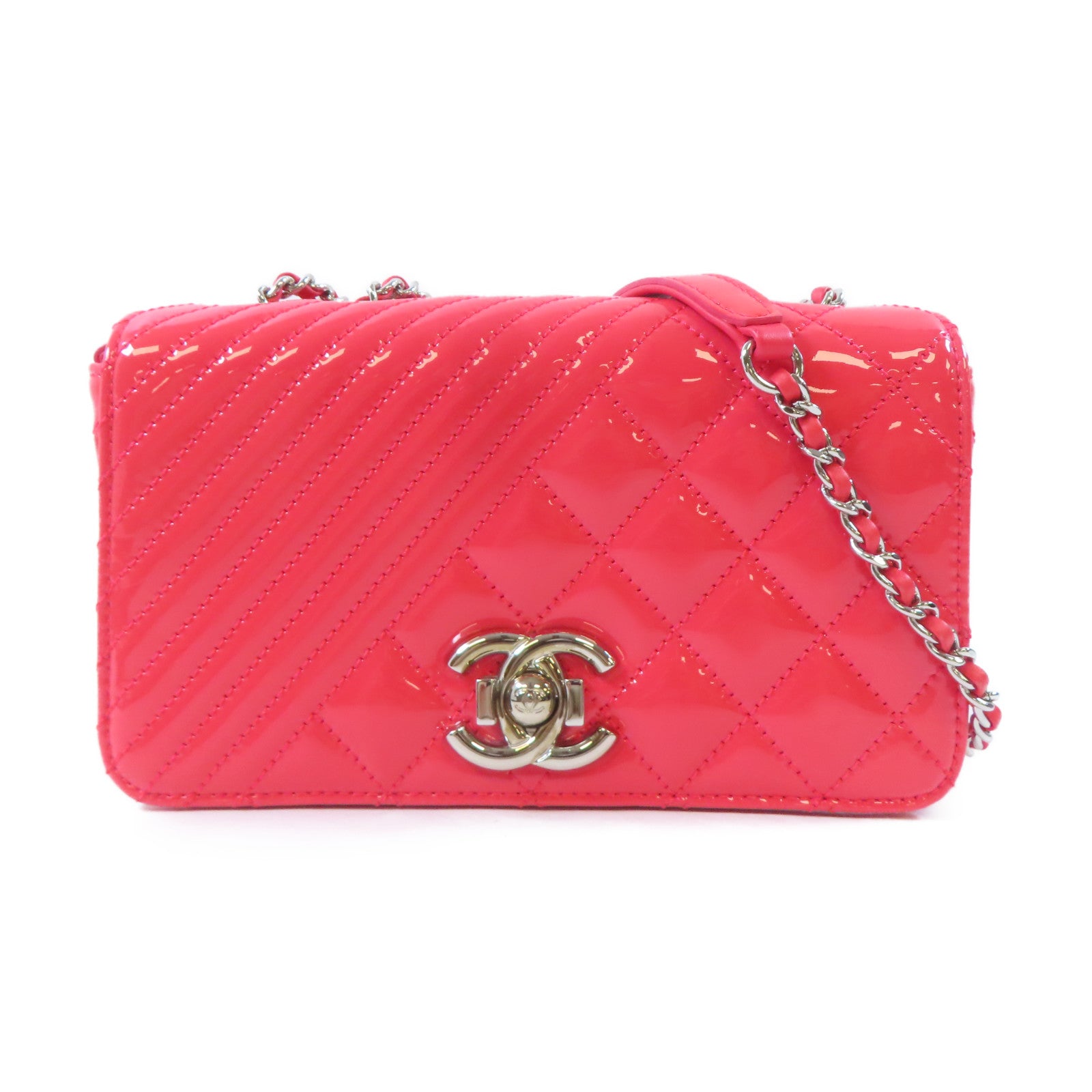 CHANEL 【激減優惠】漆皮皮革Chain Shoulder銀扣鏈帶肩背袋紅色