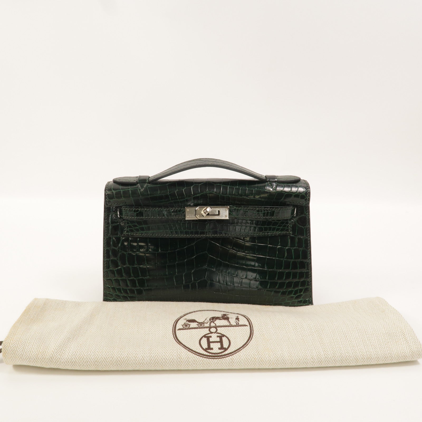 HERMES Alligator皮革Kelly Pochette手挽袋Vert Fonce