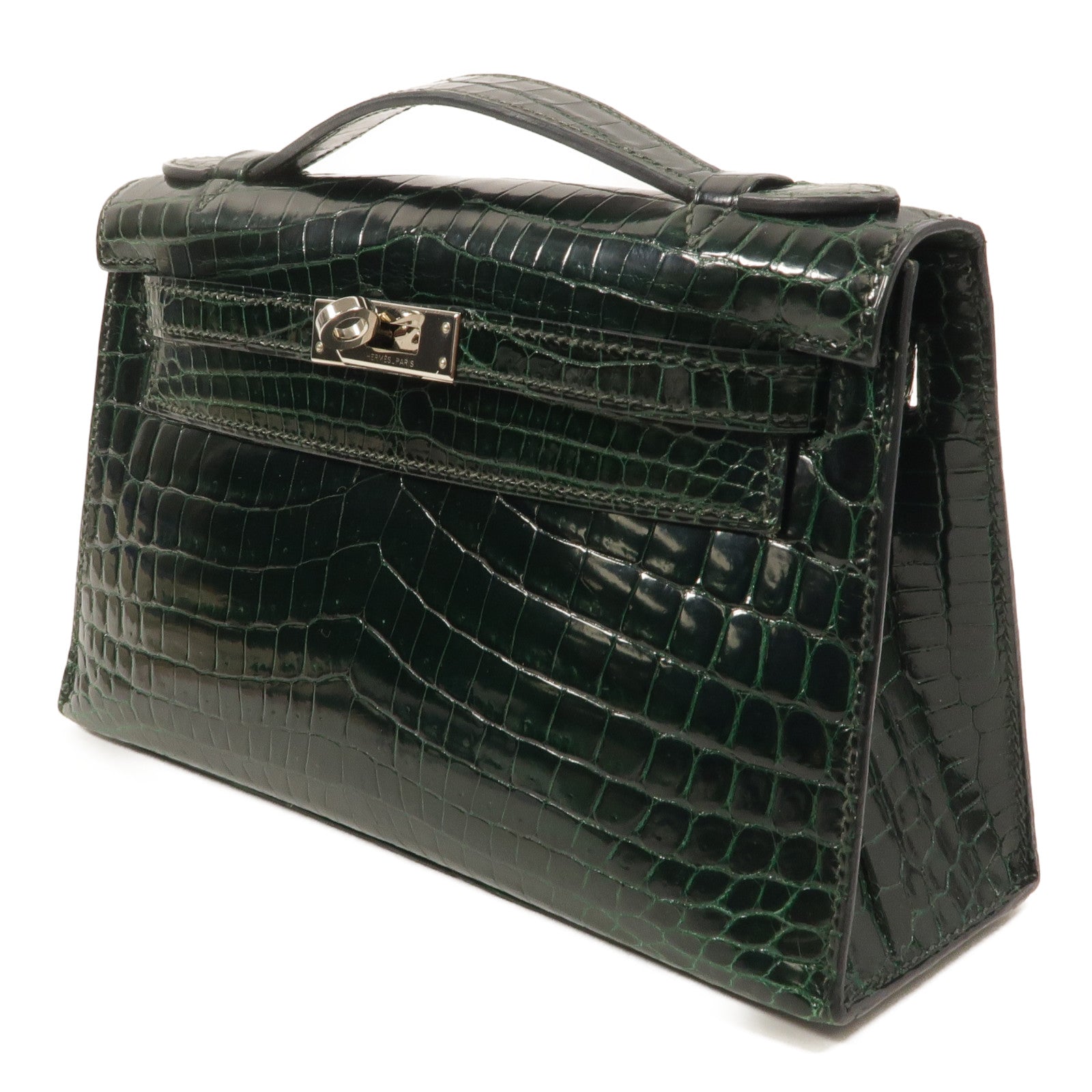 HERMES Alligator皮革Kelly Pochette手挽袋Vert Fonce