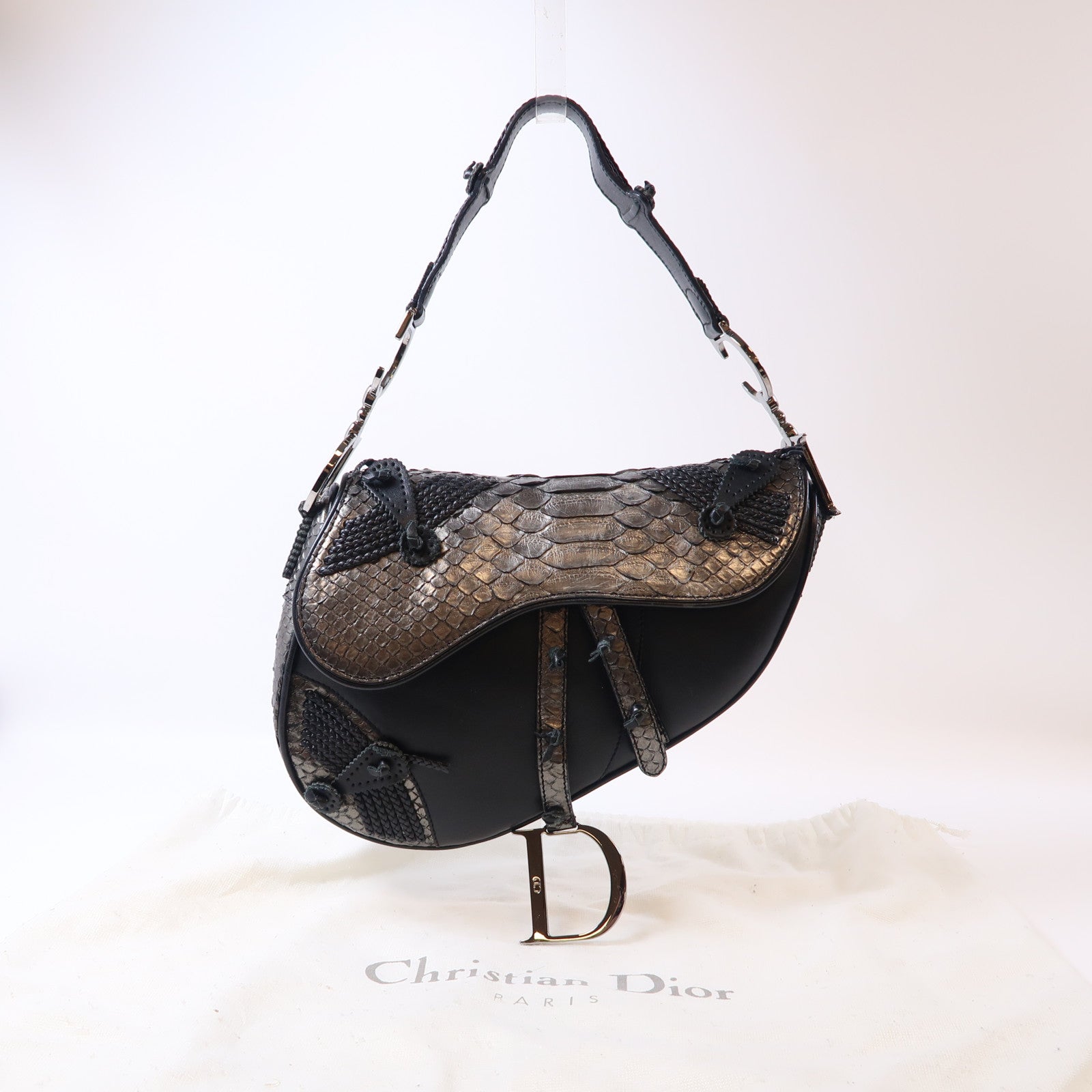 Dior 【激減優惠】蛇皮皮革Saddle銀扣肩背袋黑色/銀色