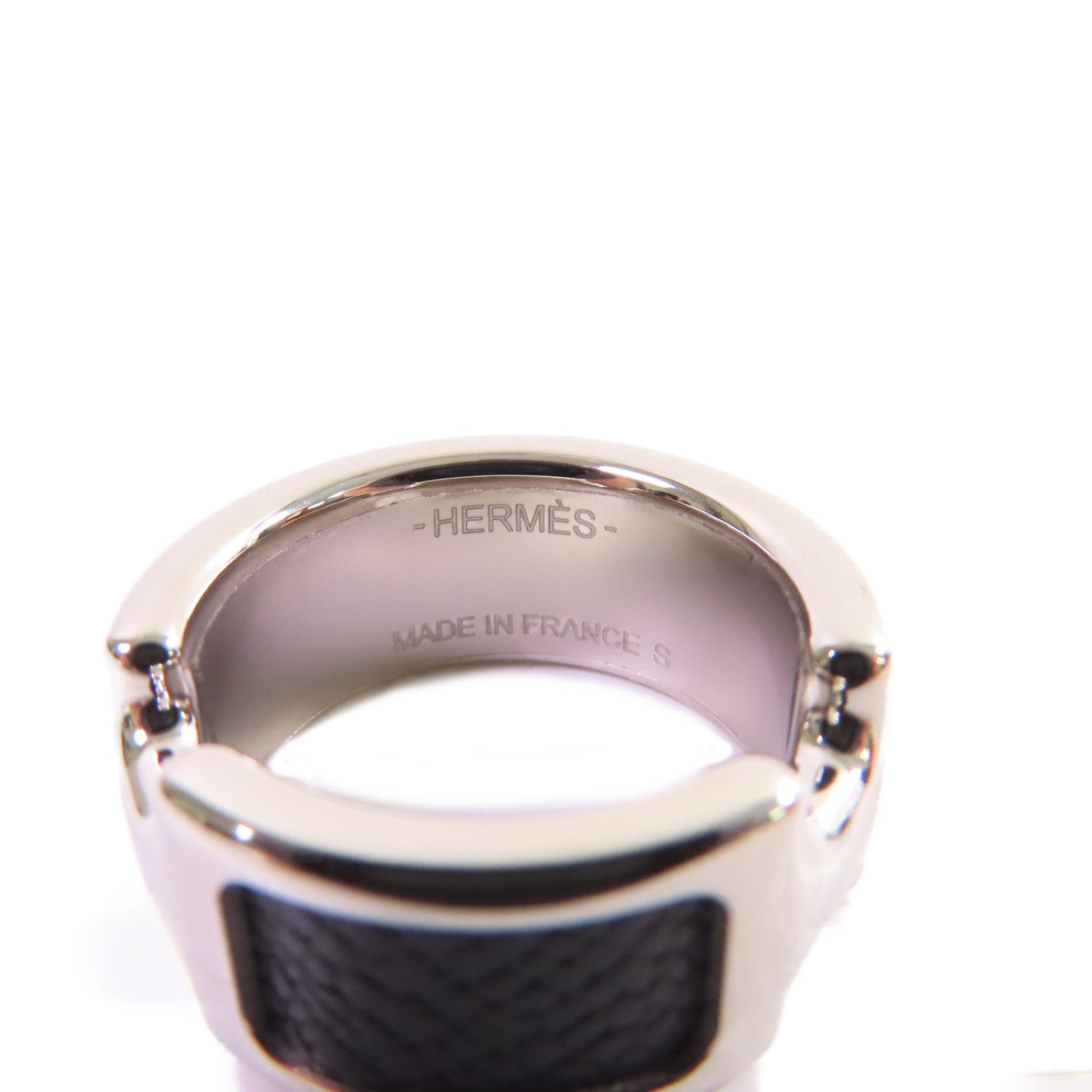 HERMES 白鍍金/牛皮皮革Olympe Ring S戒指Noir黑色US#6