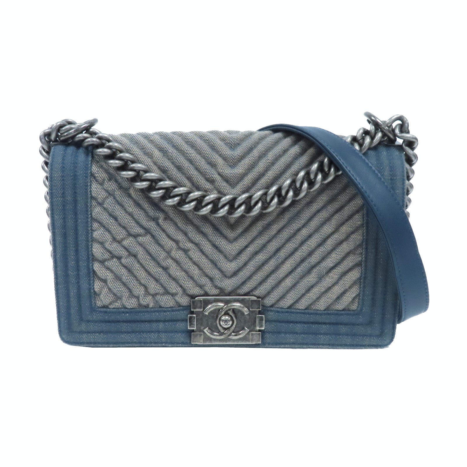 CHANEL 【激減優惠】斜紋牛仔布Chevron Boy 25銀扣鏈帶肩背袋藍色