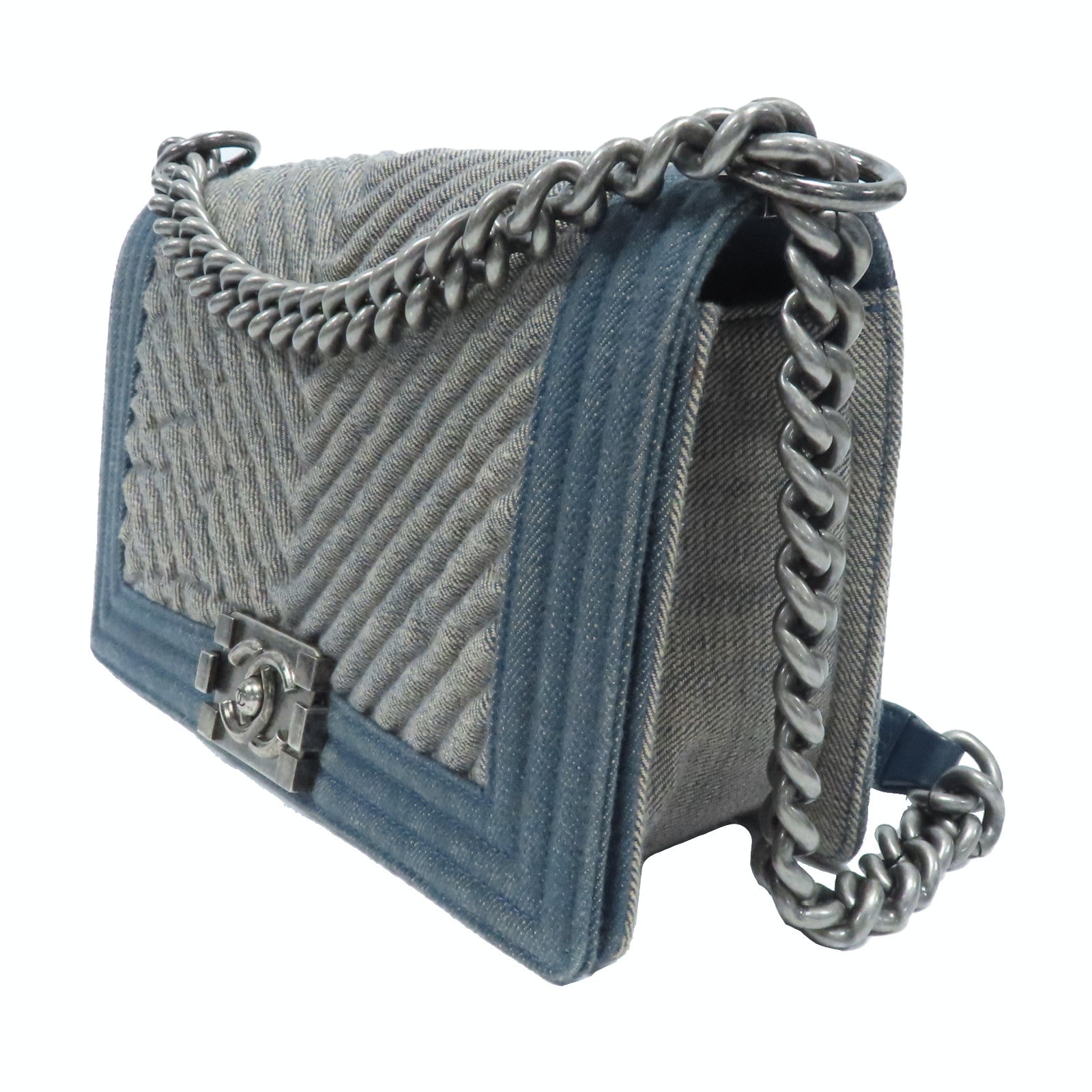 CHANEL 【激減優惠】斜紋牛仔布Chevron Boy 25銀扣鏈帶肩背袋藍色