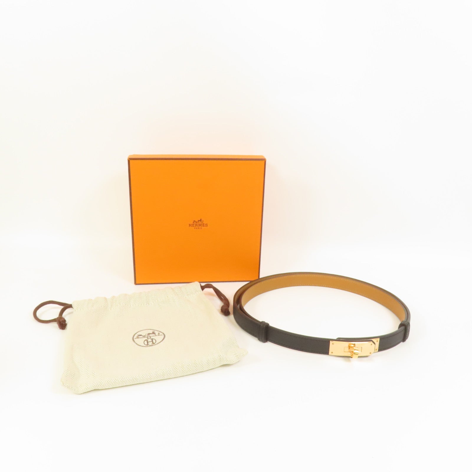 HERMES Epsom皮革Kelly Belt玫瑰金扣皮帶Noir