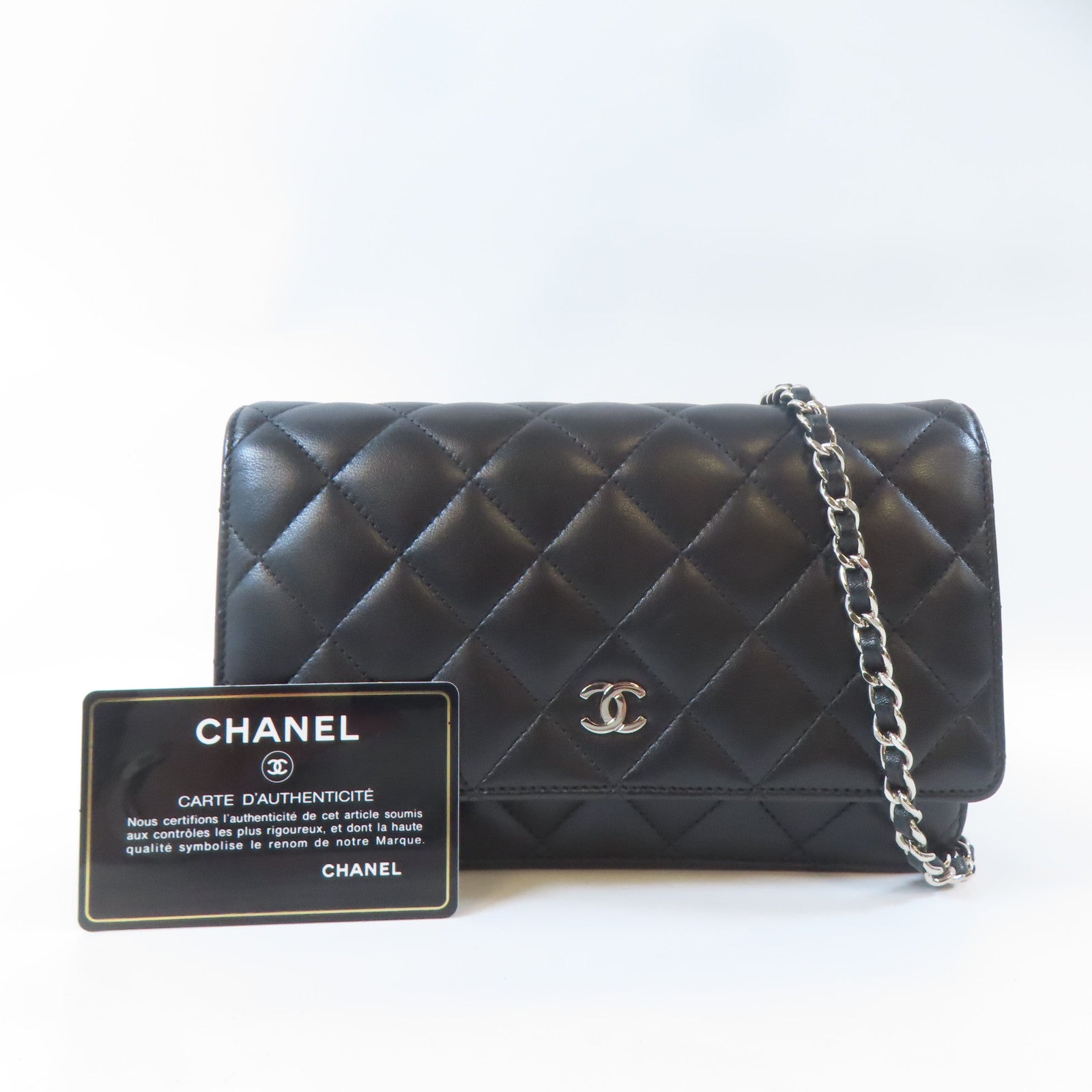 CHANEL 菱格羊皮皮革WOC Wallet On Chain銀扣鏈帶肩背袋黑色