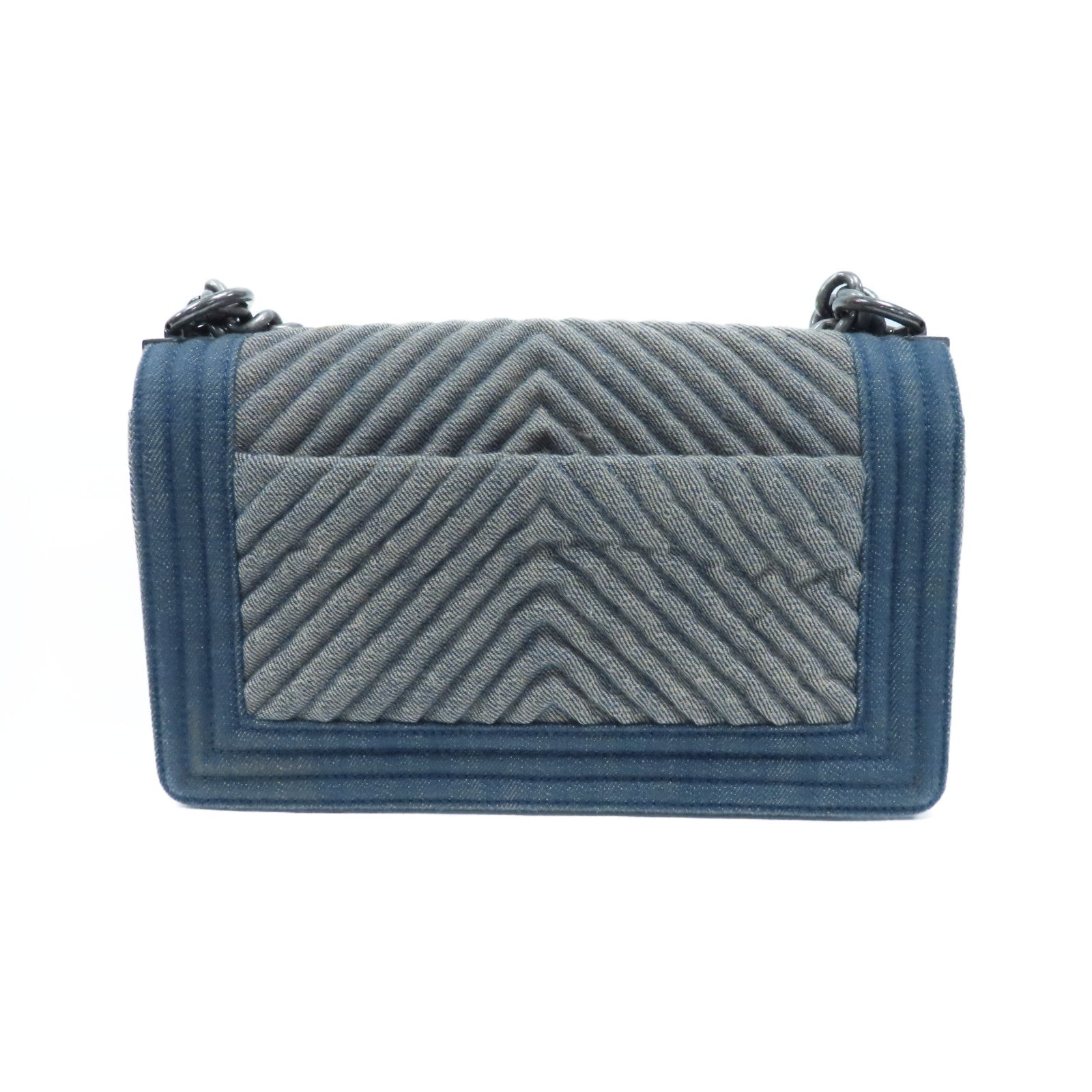 CHANEL 【激減優惠】斜紋牛仔布Chevron Boy 25銀扣鏈帶肩背袋藍色