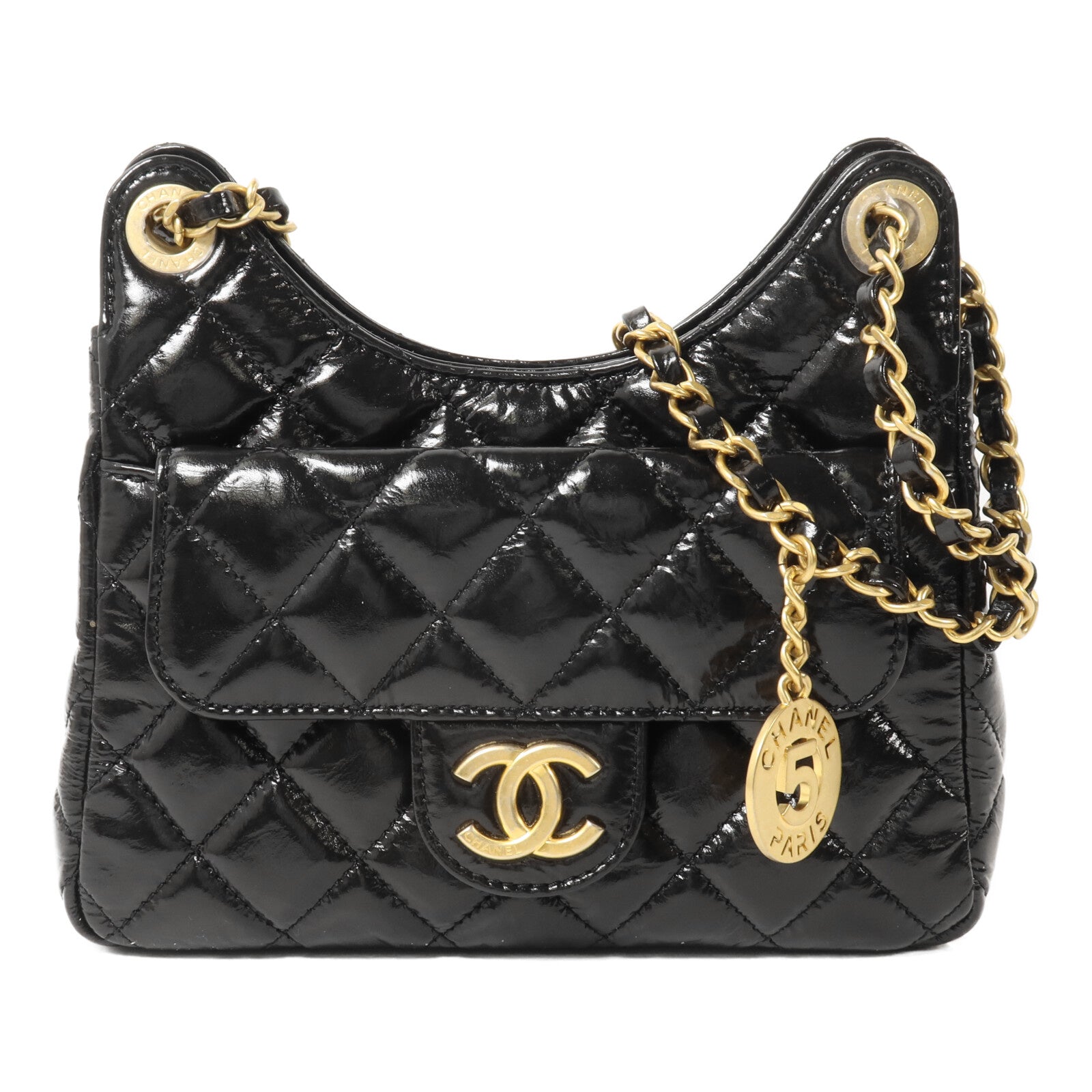 CHANEL 牛皮皮革Wavy CC Hobo Bag Small鏈帶肩背袋