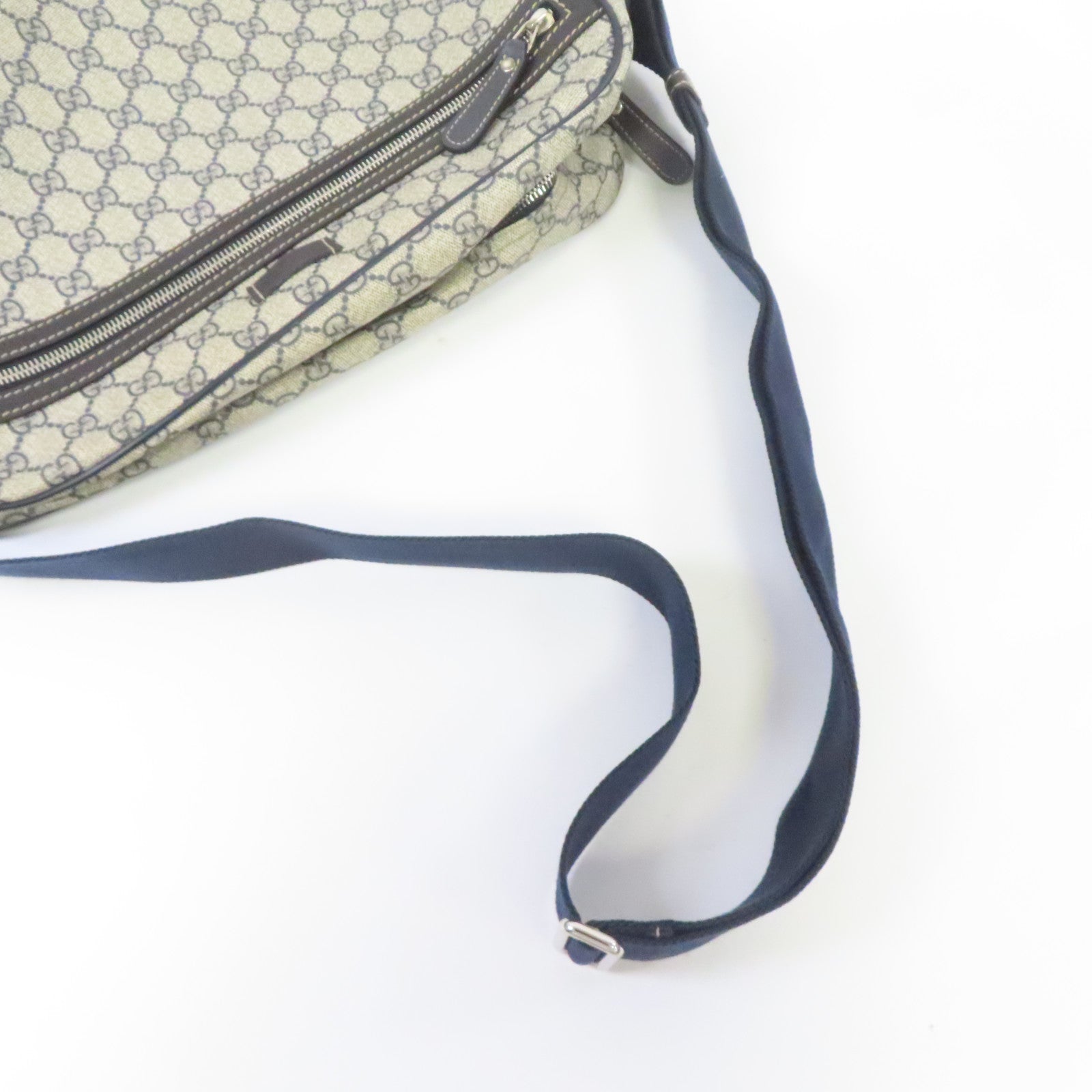 GUCCI 塗層帆布Shoulder Bag銀扣肩背袋深藍色/米色