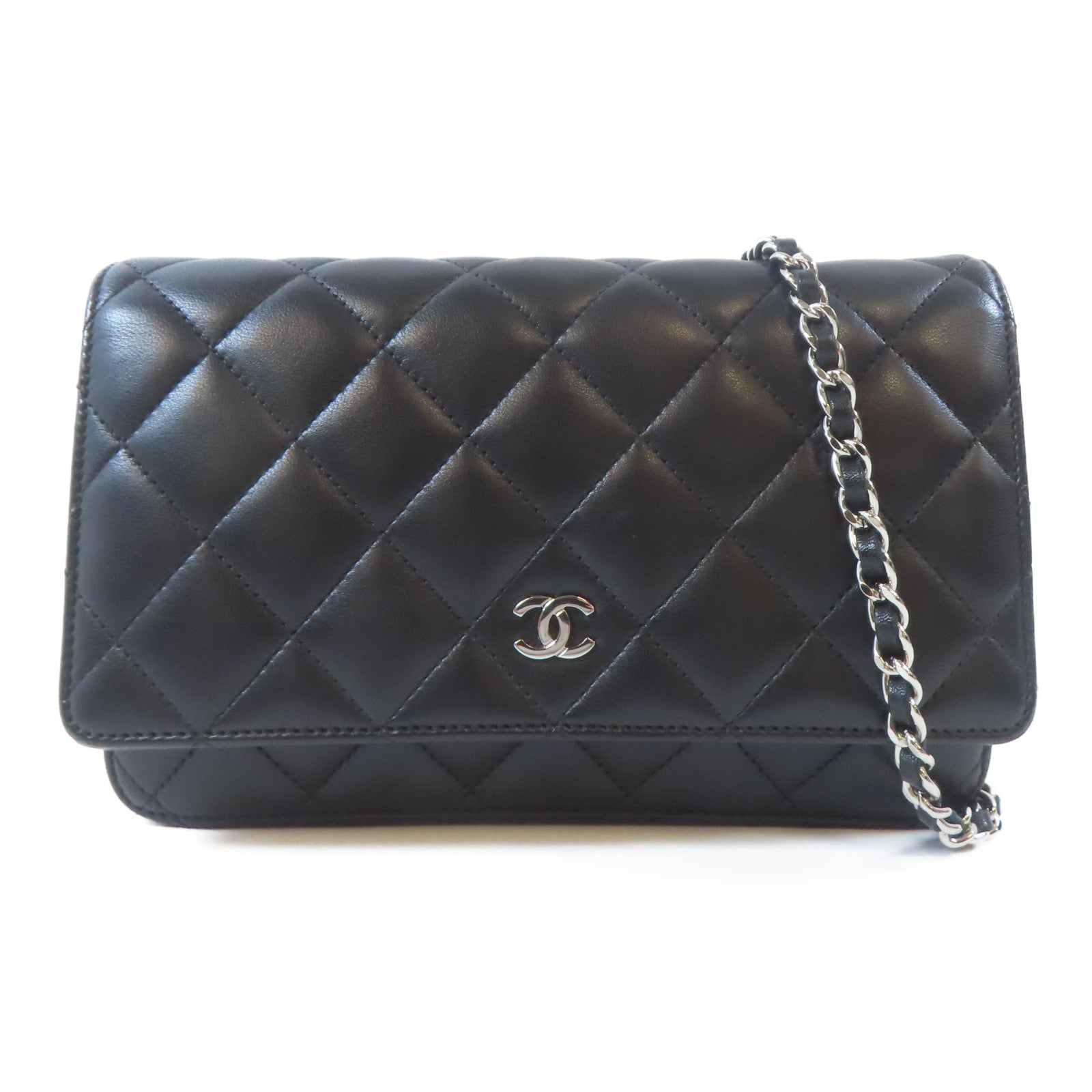 CHANEL 菱格羊皮皮革WOC Wallet On Chain銀扣鏈帶肩背袋黑色