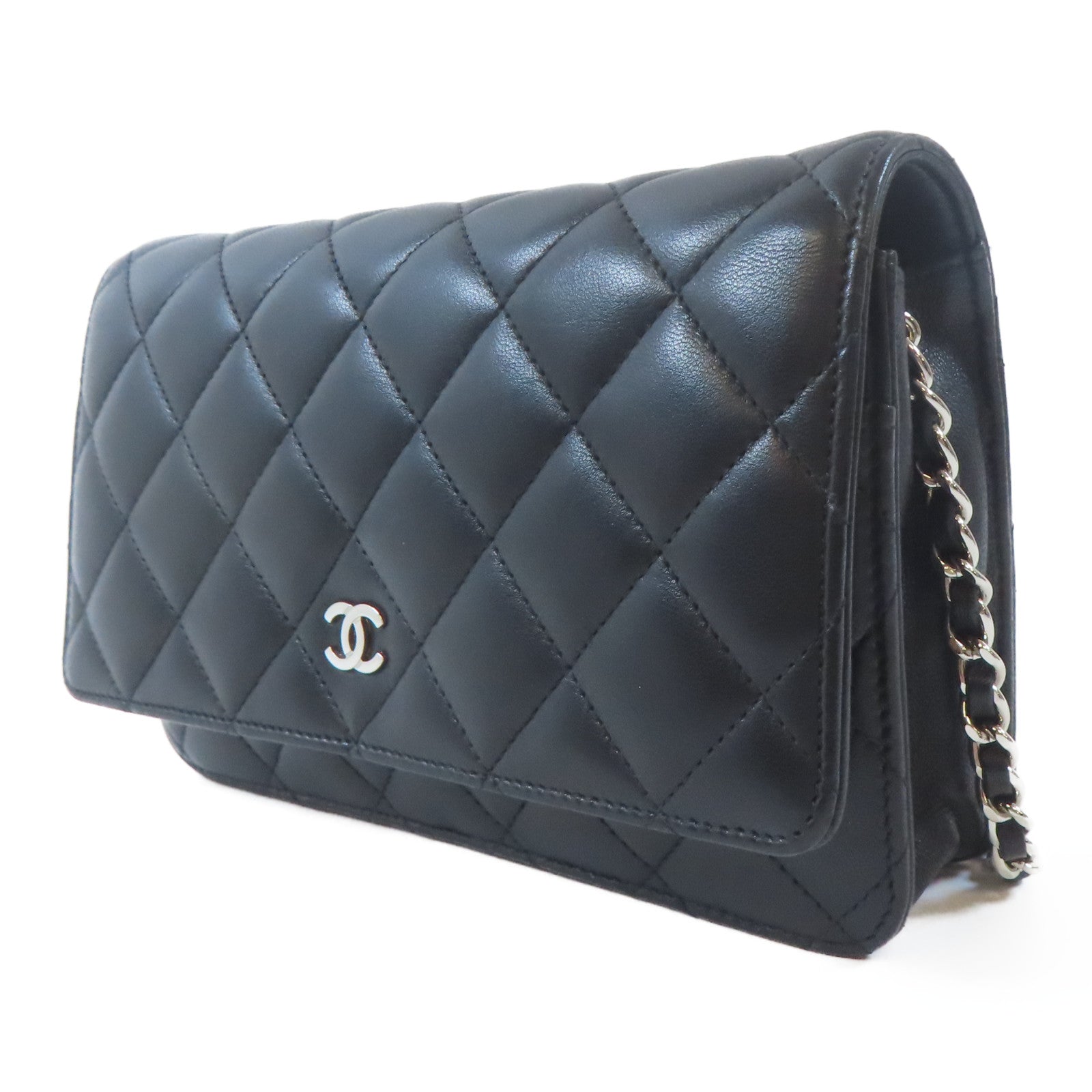 CHANEL 菱格羊皮皮革WOC Wallet On Chain銀扣鏈帶肩背袋黑色