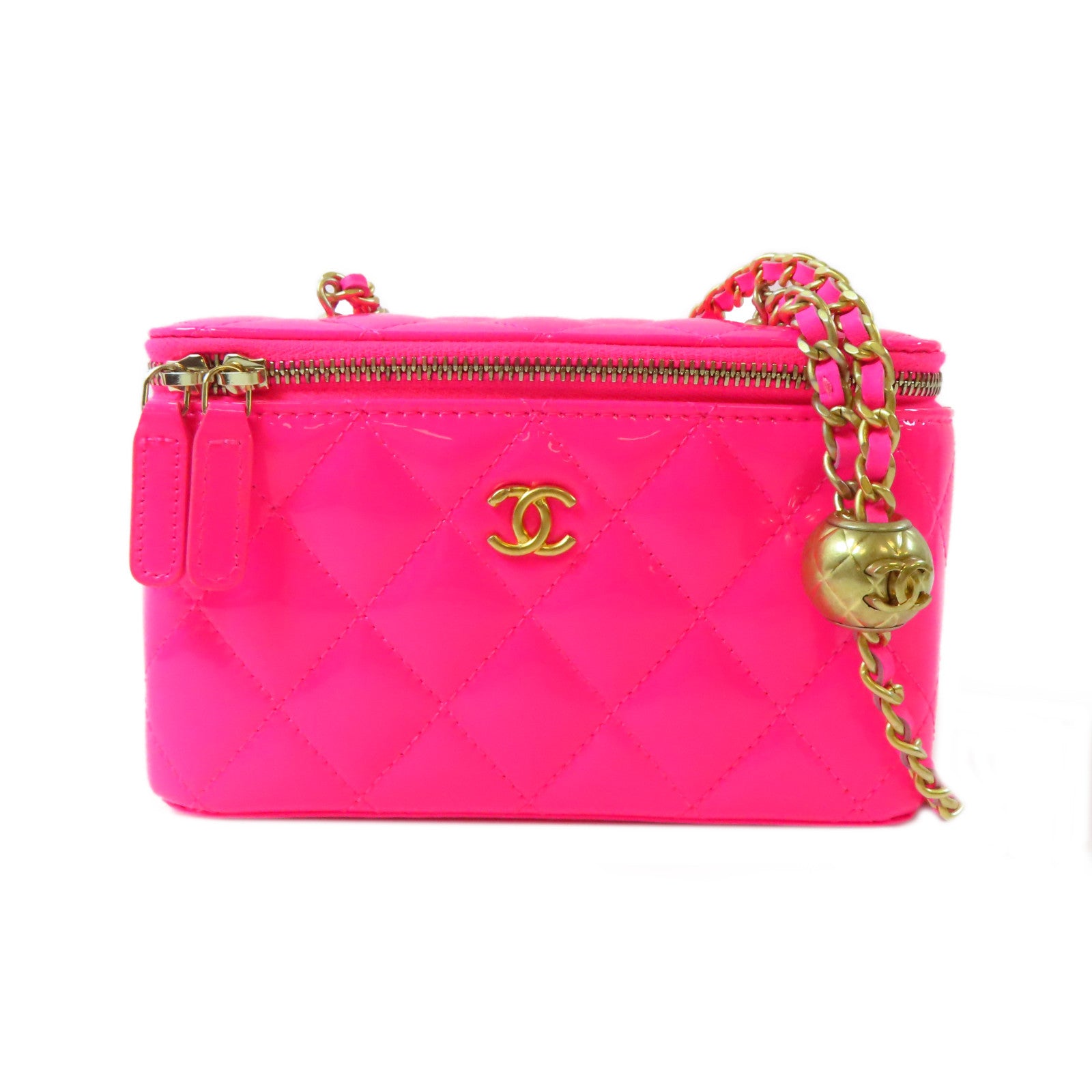 CHANEL 菱格漆皮皮革Vanity Case With Gold Ball金扣鏈帶肩背袋粉色