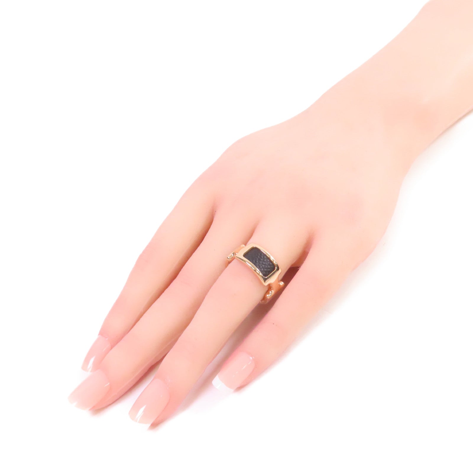 HERMES 玫瑰鍍金/牛皮皮革Olympe Ring S戒指Noir黑色US#6