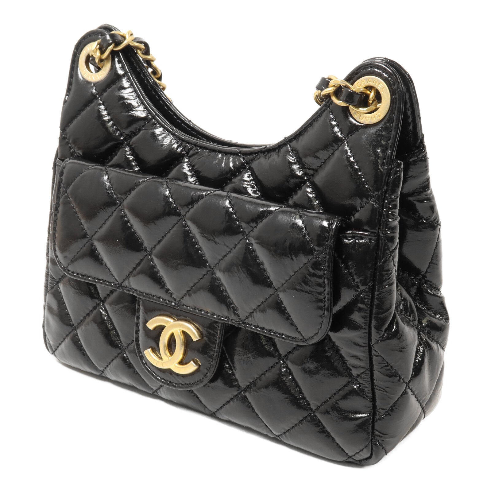CHANEL 牛皮皮革Wavy CC Hobo Bag Small鏈帶肩背袋