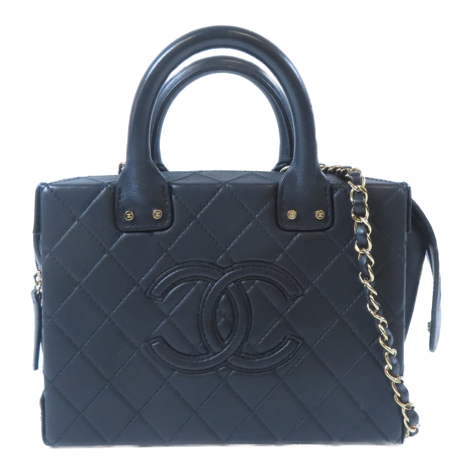 CHANEL 菱格牛皮皮革Chain Box Bag金扣鏈帶手挽肩背兩用袋黑色