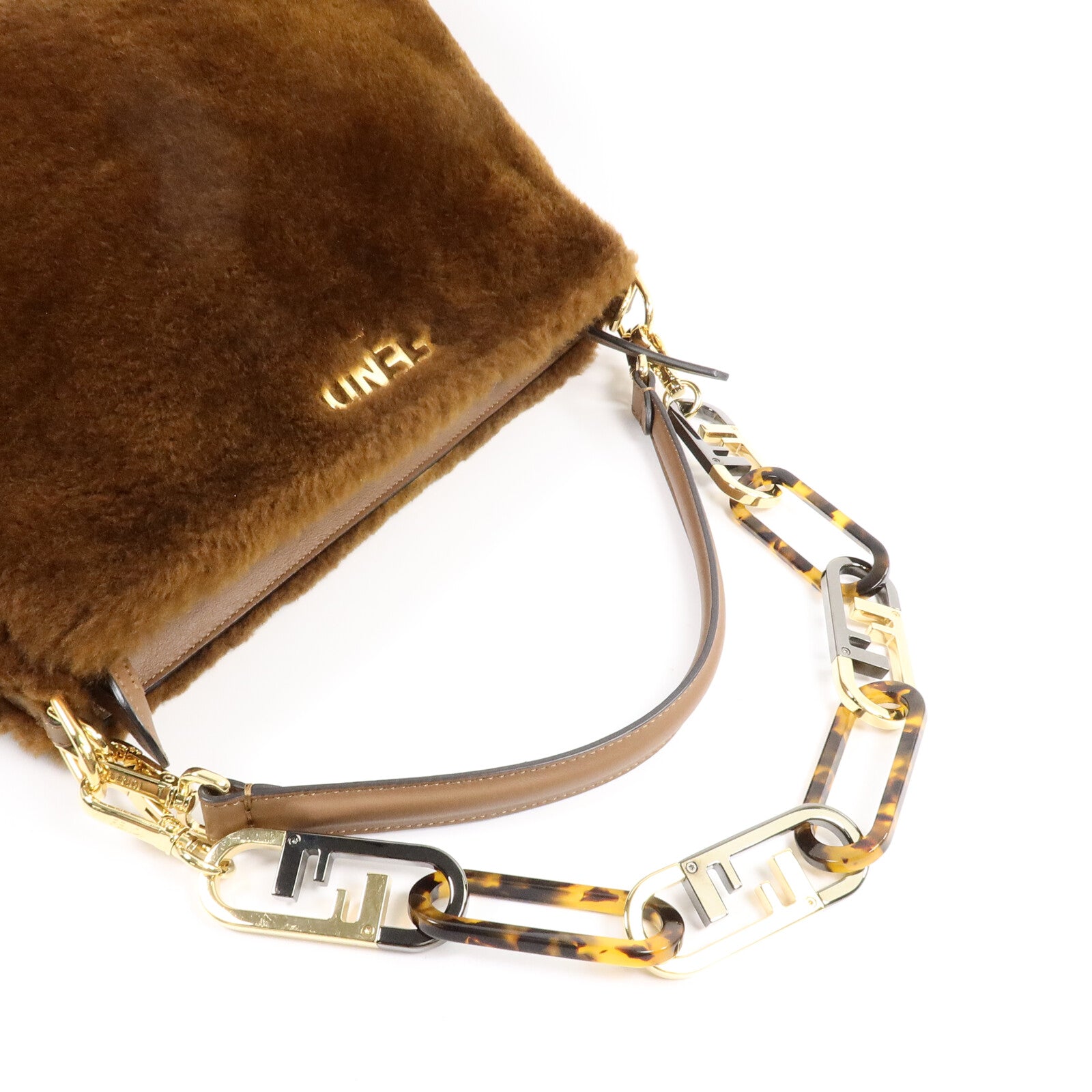 FENDI 羊毛/牛皮皮革O Lock Zip肩背袋
