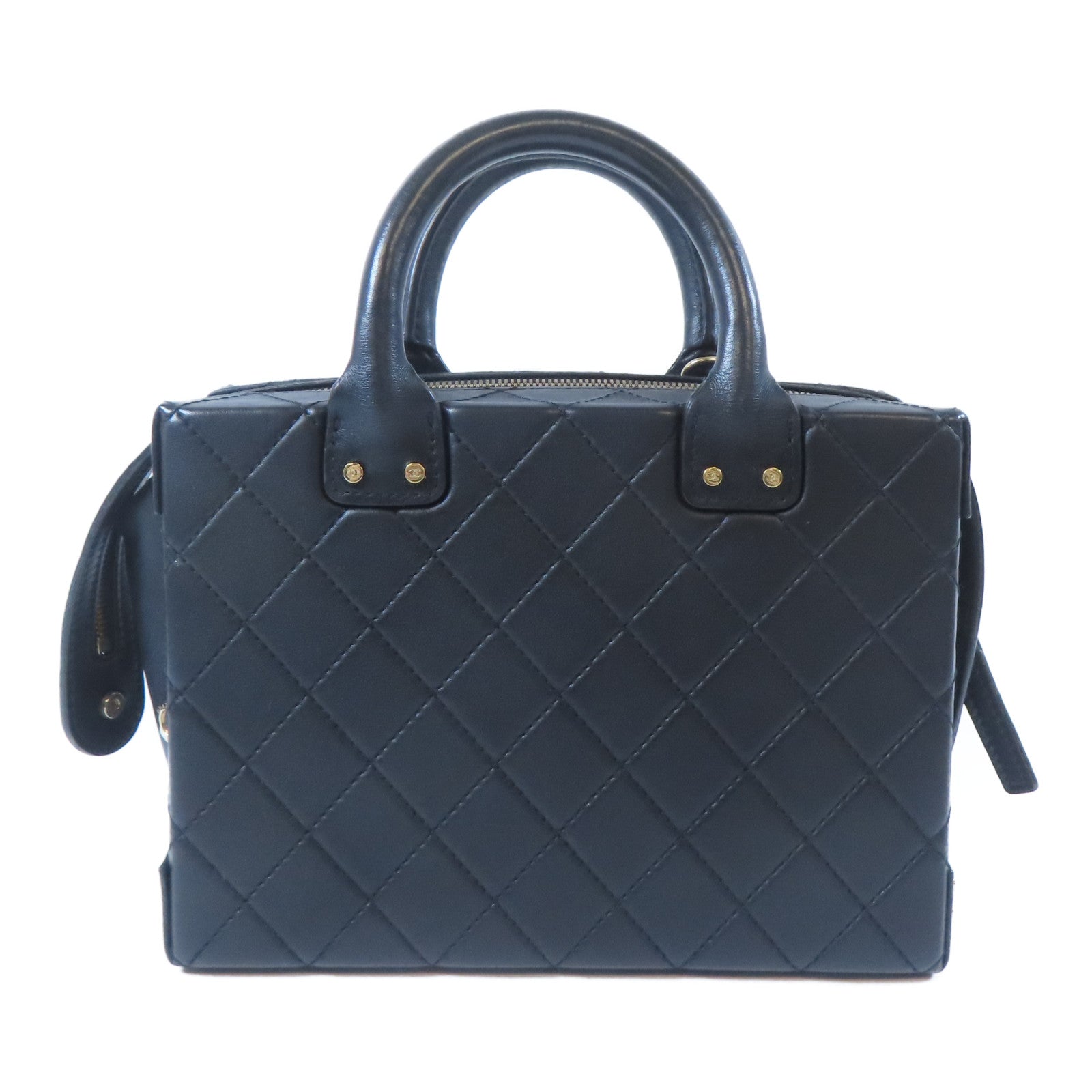CHANEL 菱格牛皮皮革Chain Box Bag金扣鏈帶手挽肩背兩用袋黑色