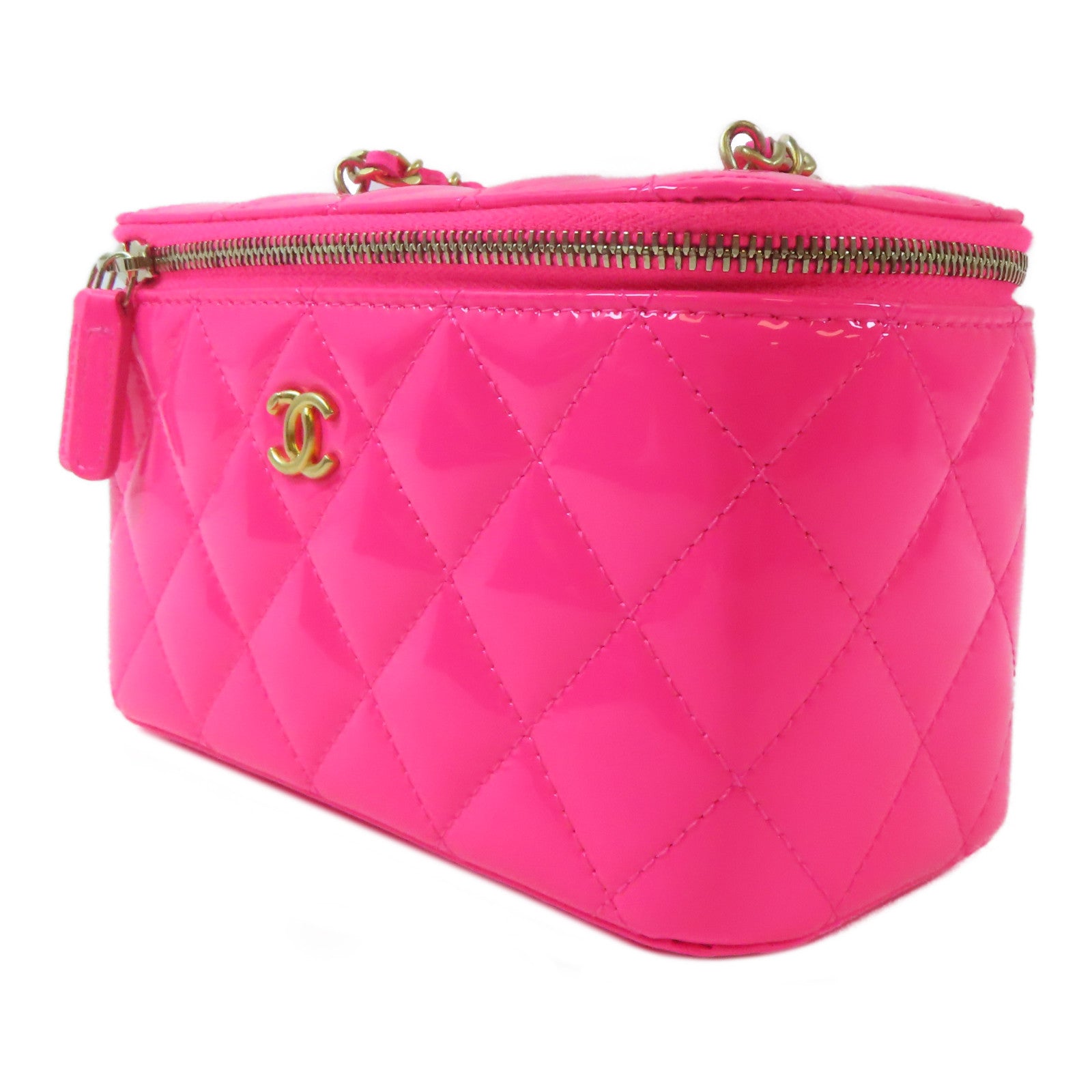 CHANEL 菱格漆皮皮革Vanity Case With Gold Ball金扣鏈帶肩背袋粉色