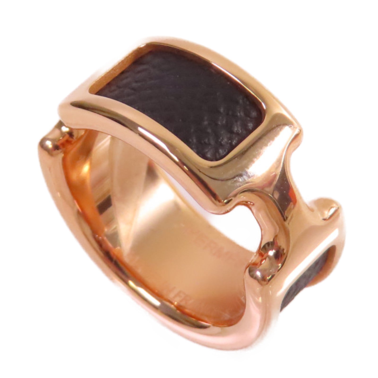 HERMES 玫瑰鍍金/牛皮皮革Olympe Ring S戒指Noir黑色US#6