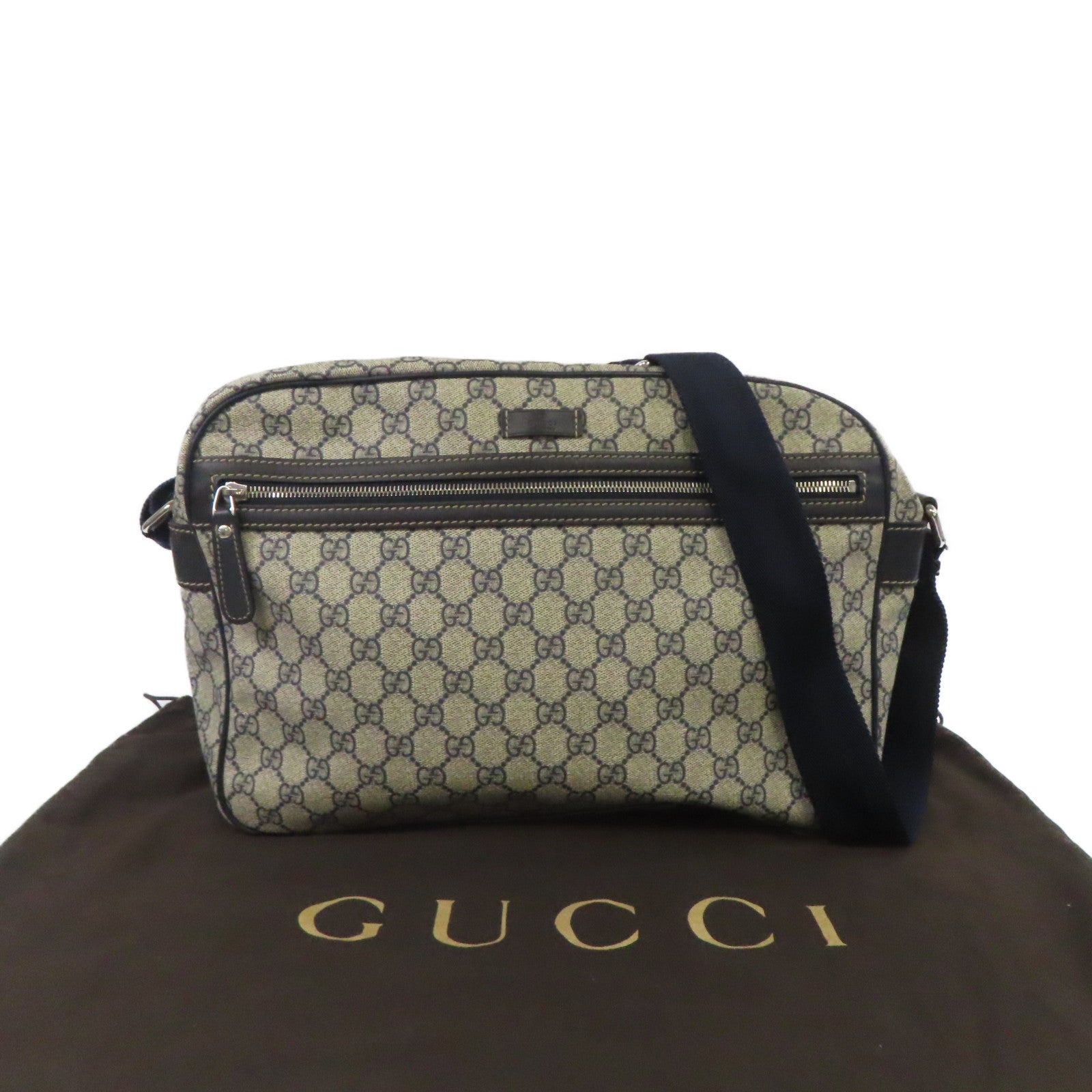 GUCCI 塗層帆布Shoulder Bag銀扣肩背袋深藍色/米色