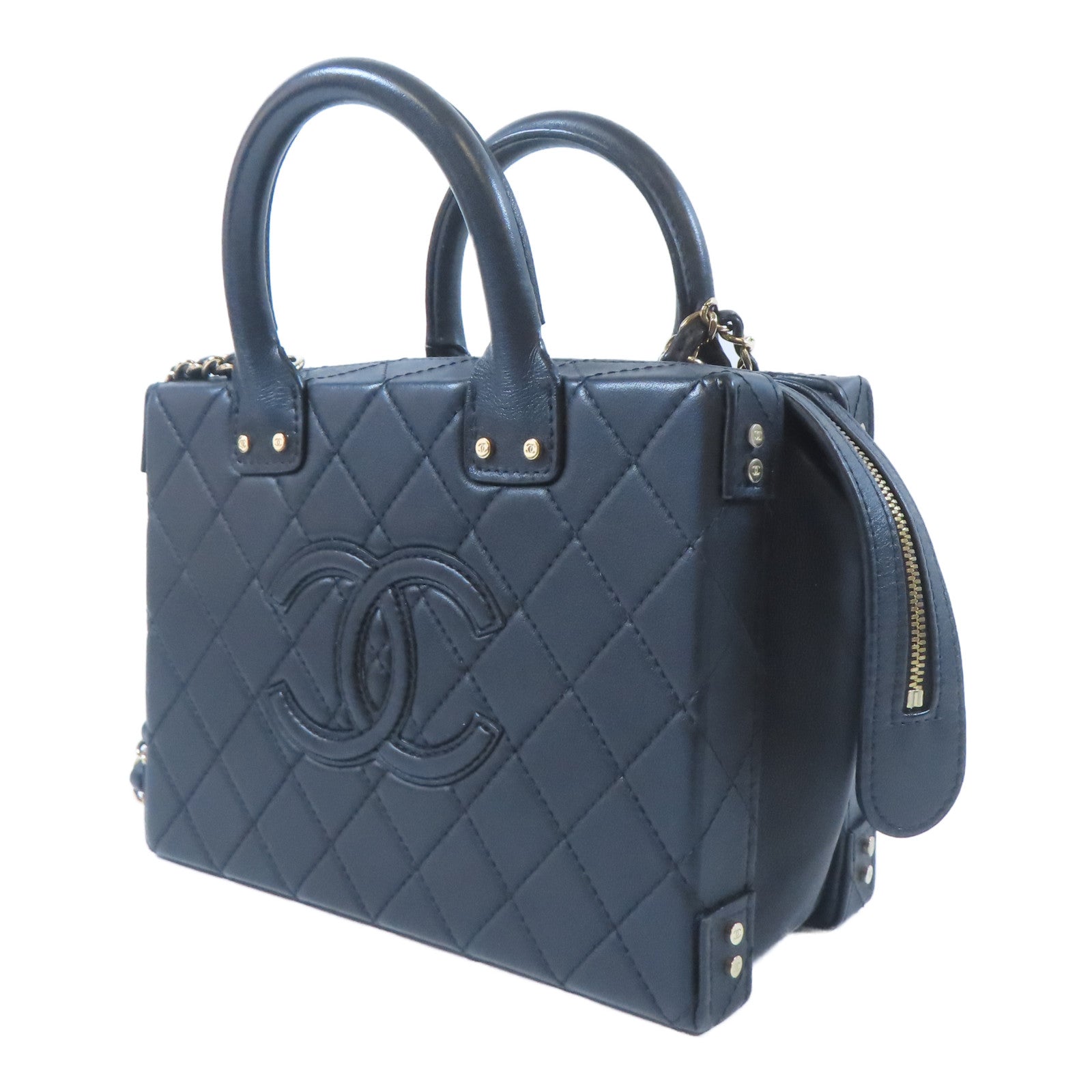 CHANEL 菱格牛皮皮革Chain Box Bag金扣鏈帶手挽肩背兩用袋黑色