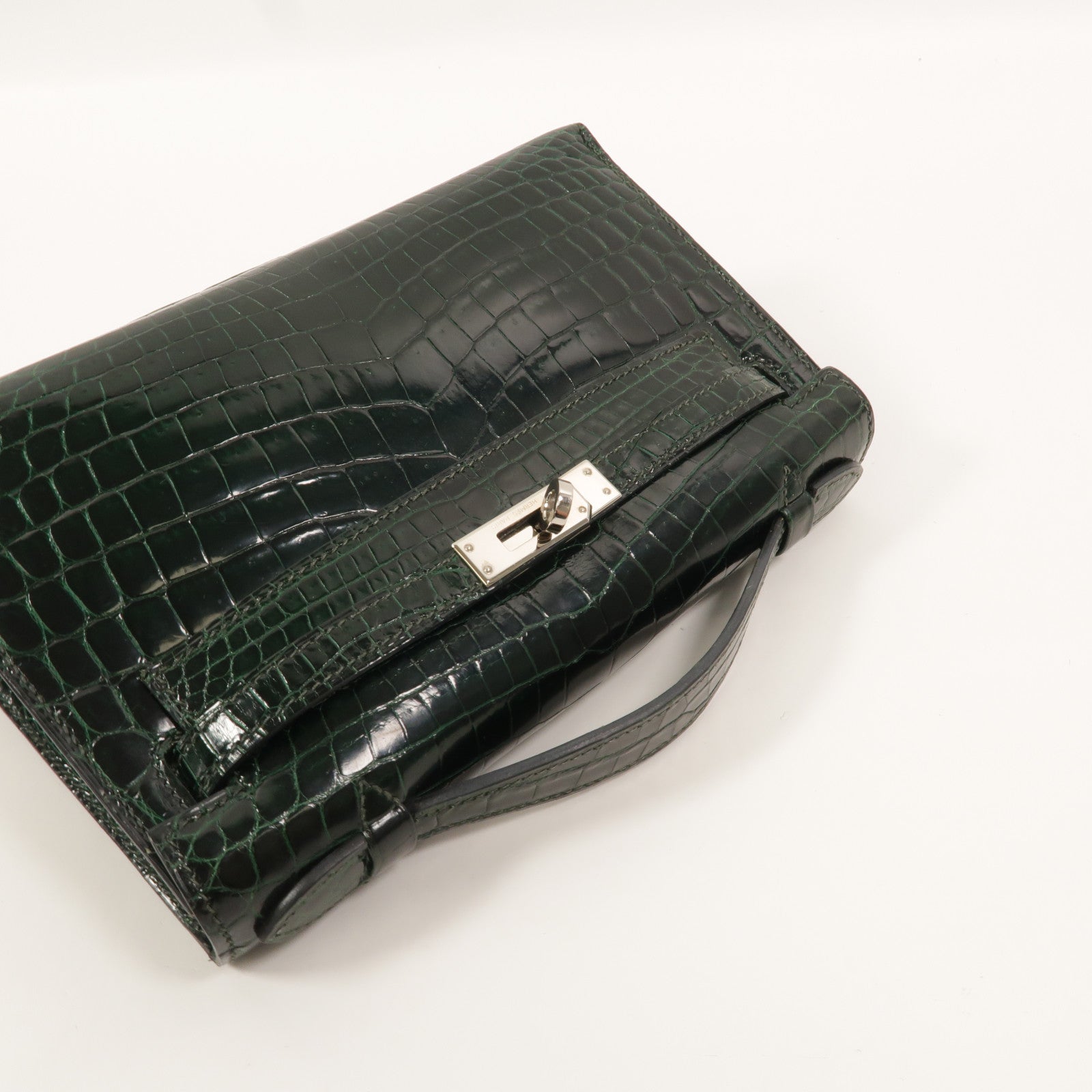 HERMES Alligator皮革Kelly Pochette手挽袋Vert Fonce