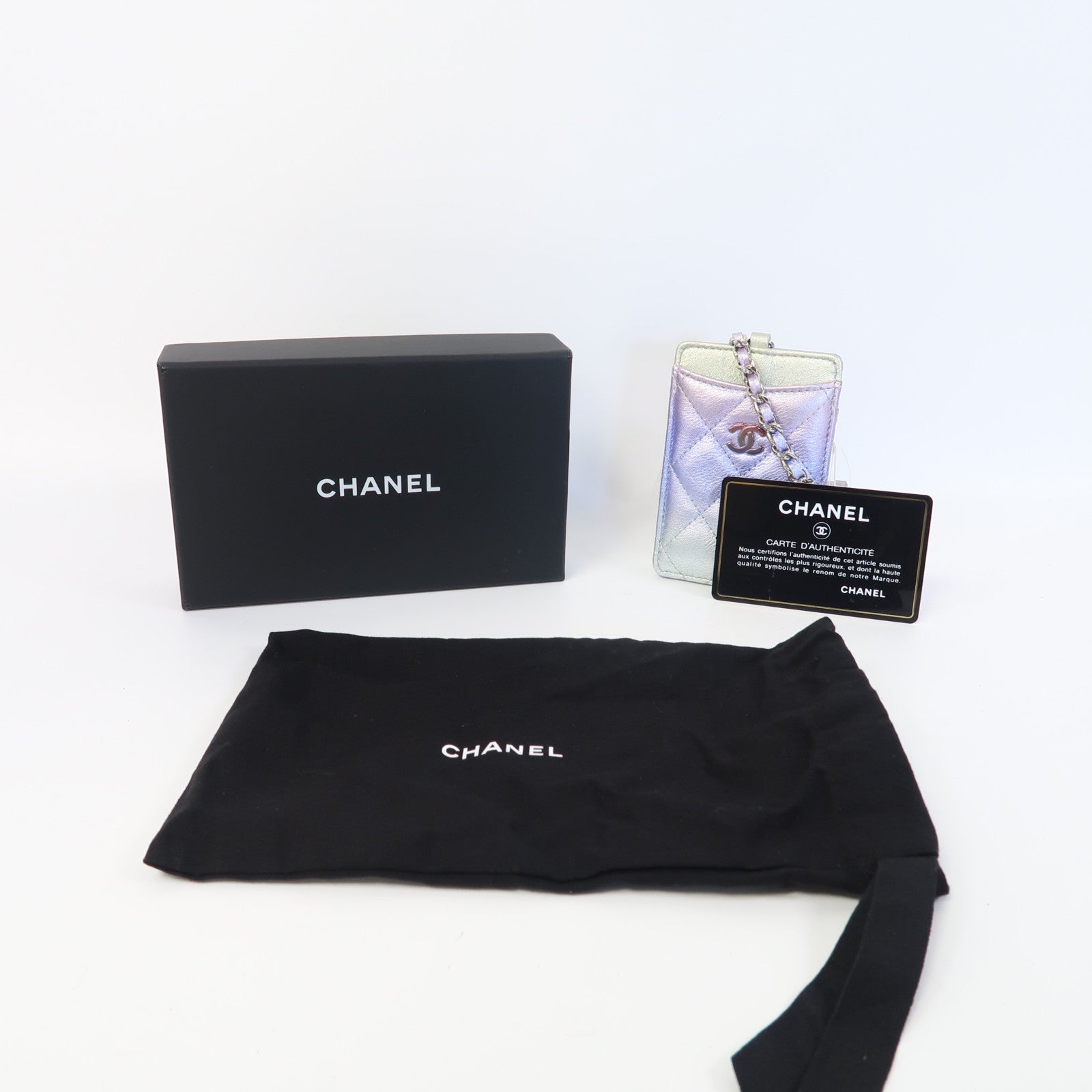 CHANEL 菱格牛皮皮革Card Case銀扣卡片套紫色/綠色