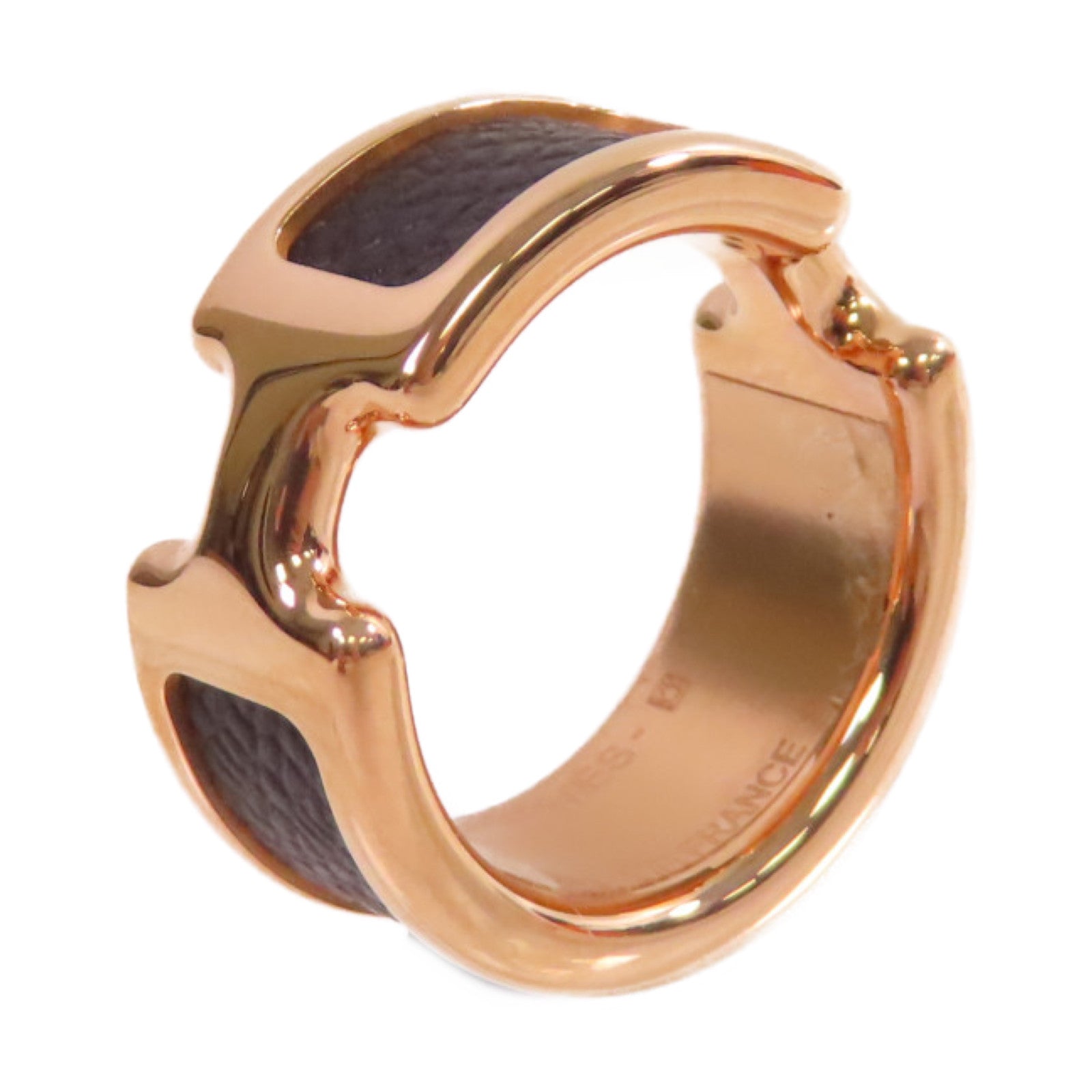 HERMES 玫瑰鍍金/牛皮皮革Olympe Ring S戒指Noir黑色US#6