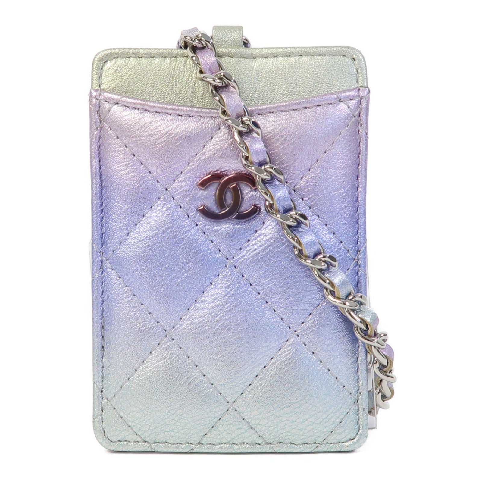CHANEL 菱格牛皮皮革Card Case銀扣卡片套紫色/綠色