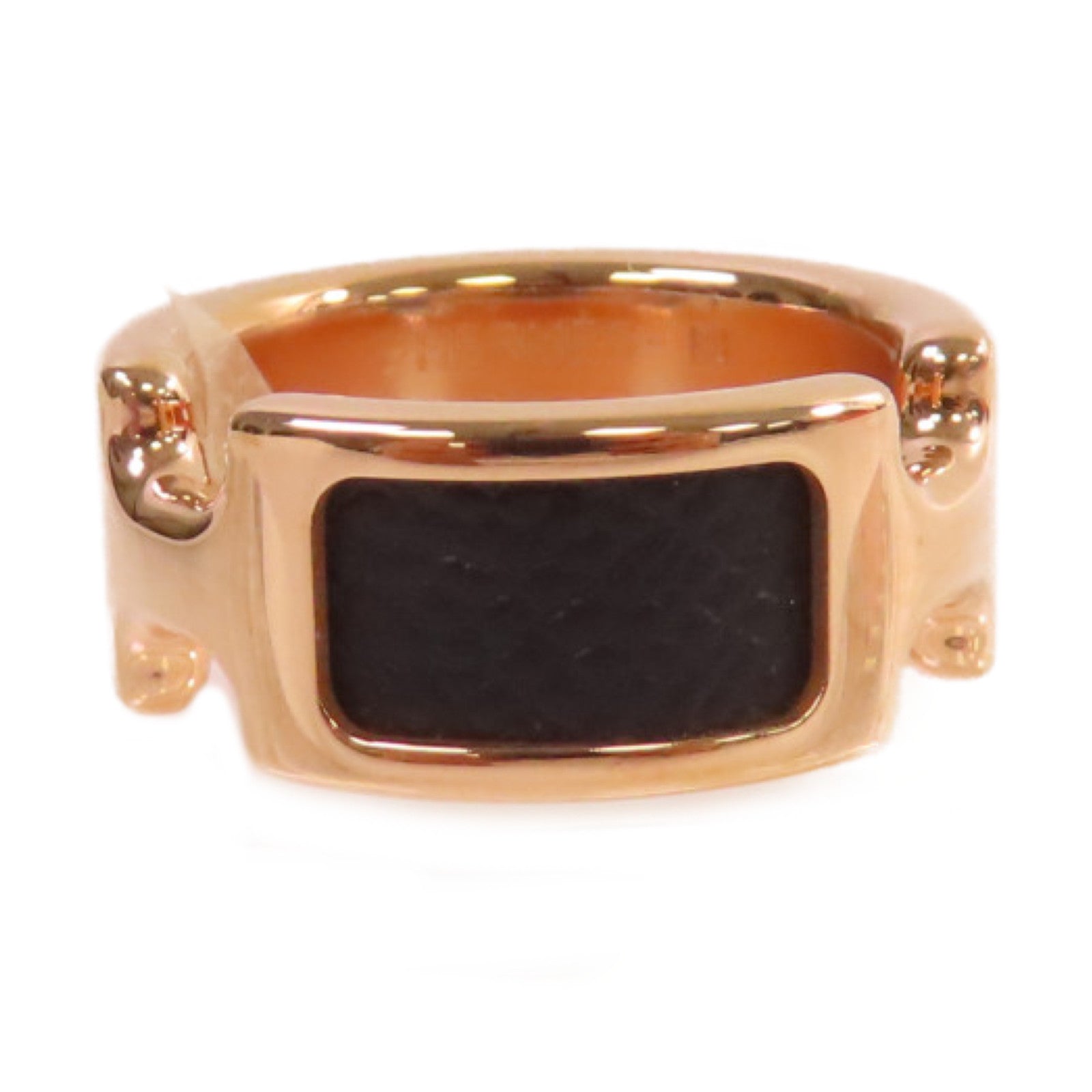 HERMES 玫瑰鍍金/牛皮皮革Olympe Ring S戒指Noir黑色US#6