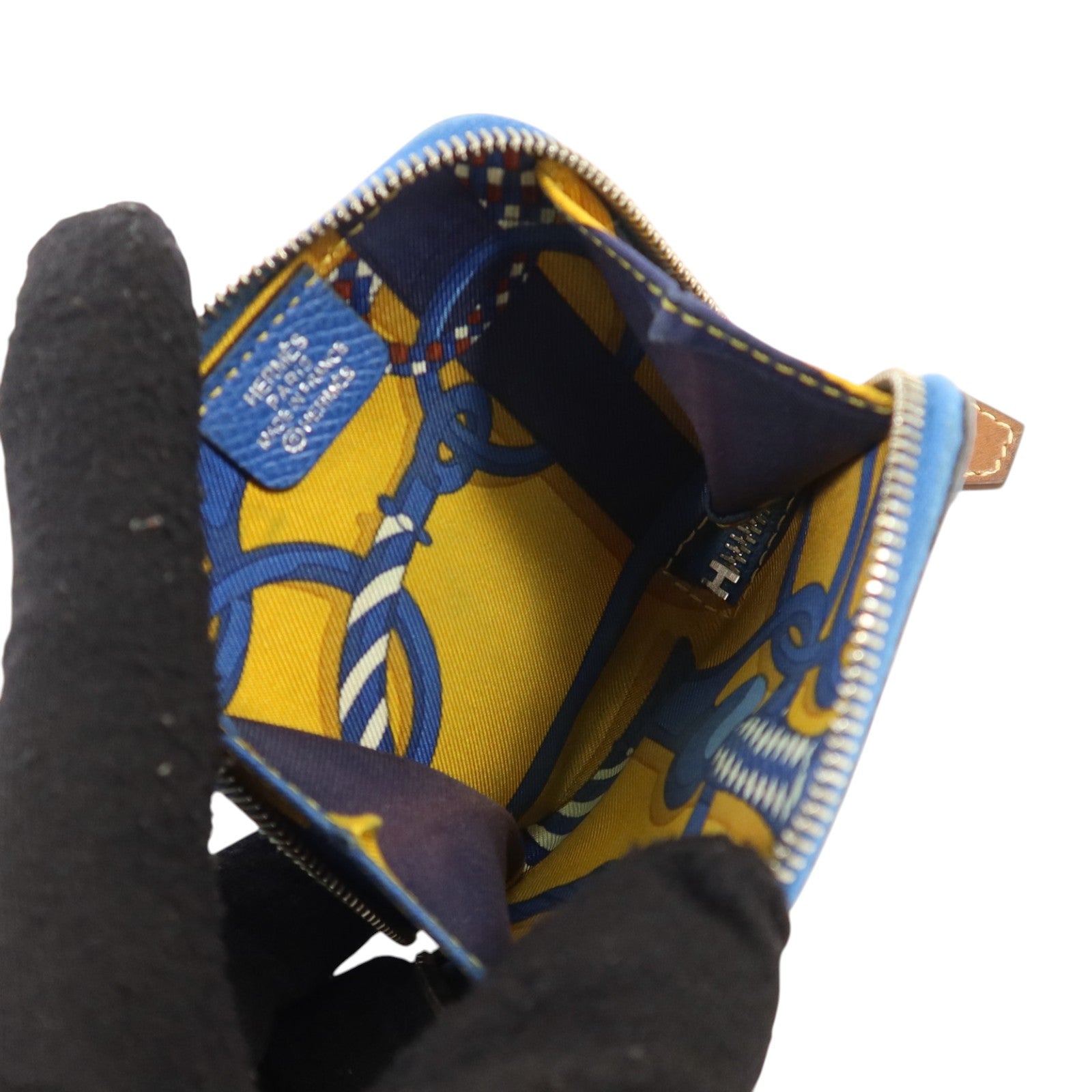 HERMES Epsom皮革Silk In Coin Purse銀扣零錢包Bleu Electrique