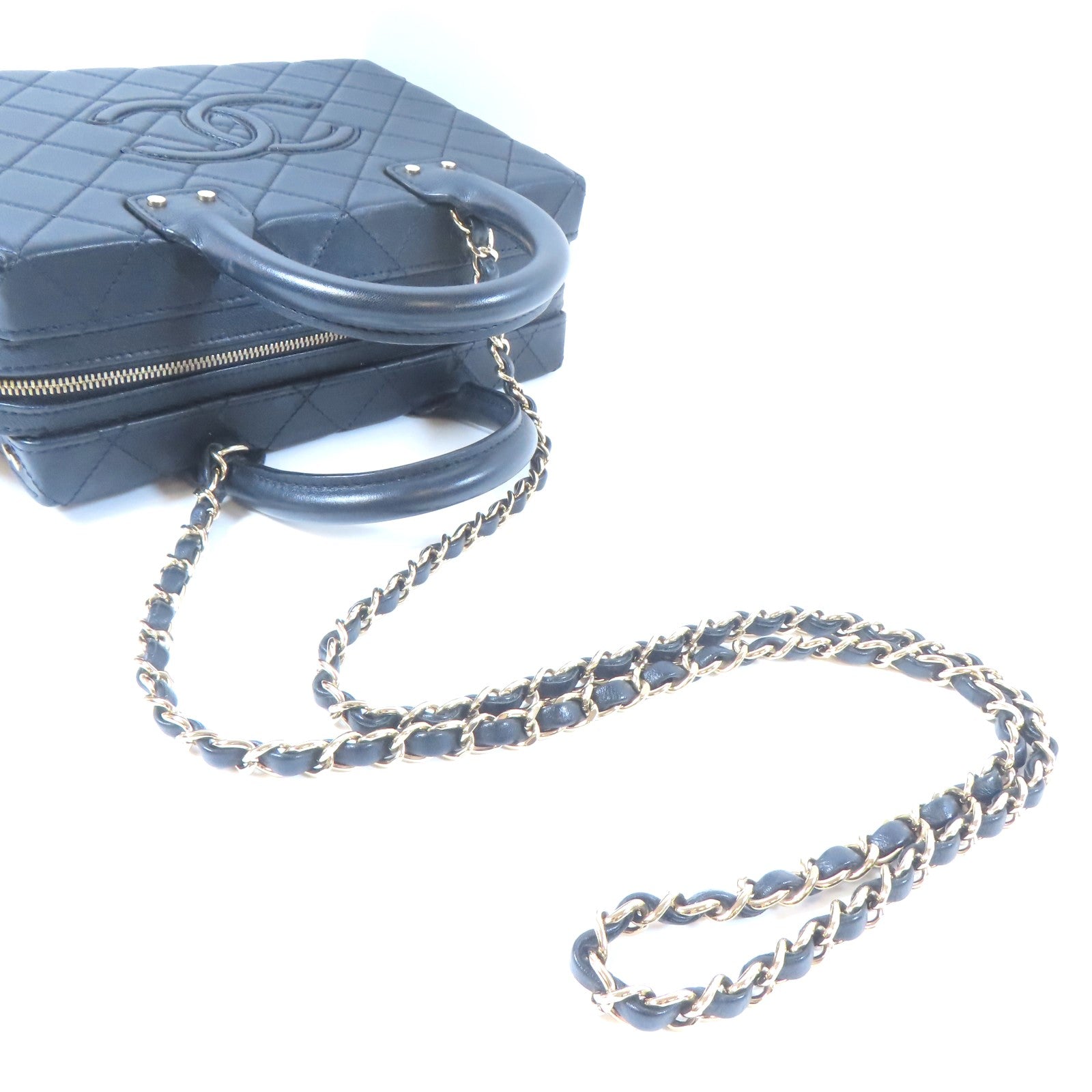 CHANEL 菱格牛皮皮革Chain Box Bag金扣鏈帶手挽肩背兩用袋黑色