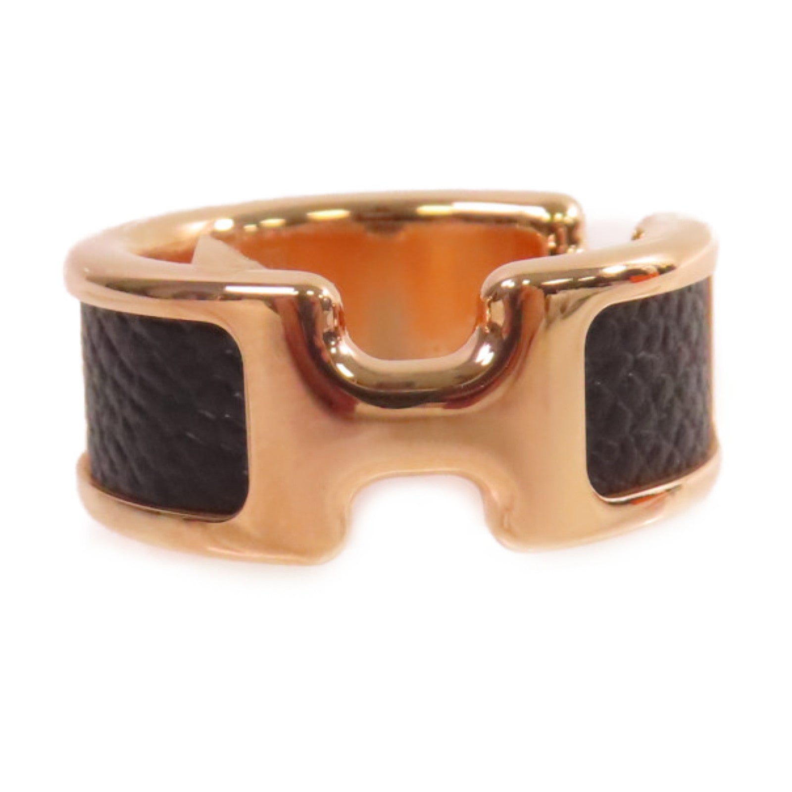 HERMES 玫瑰鍍金/牛皮皮革Olympe Ring S戒指Noir黑色US#6
