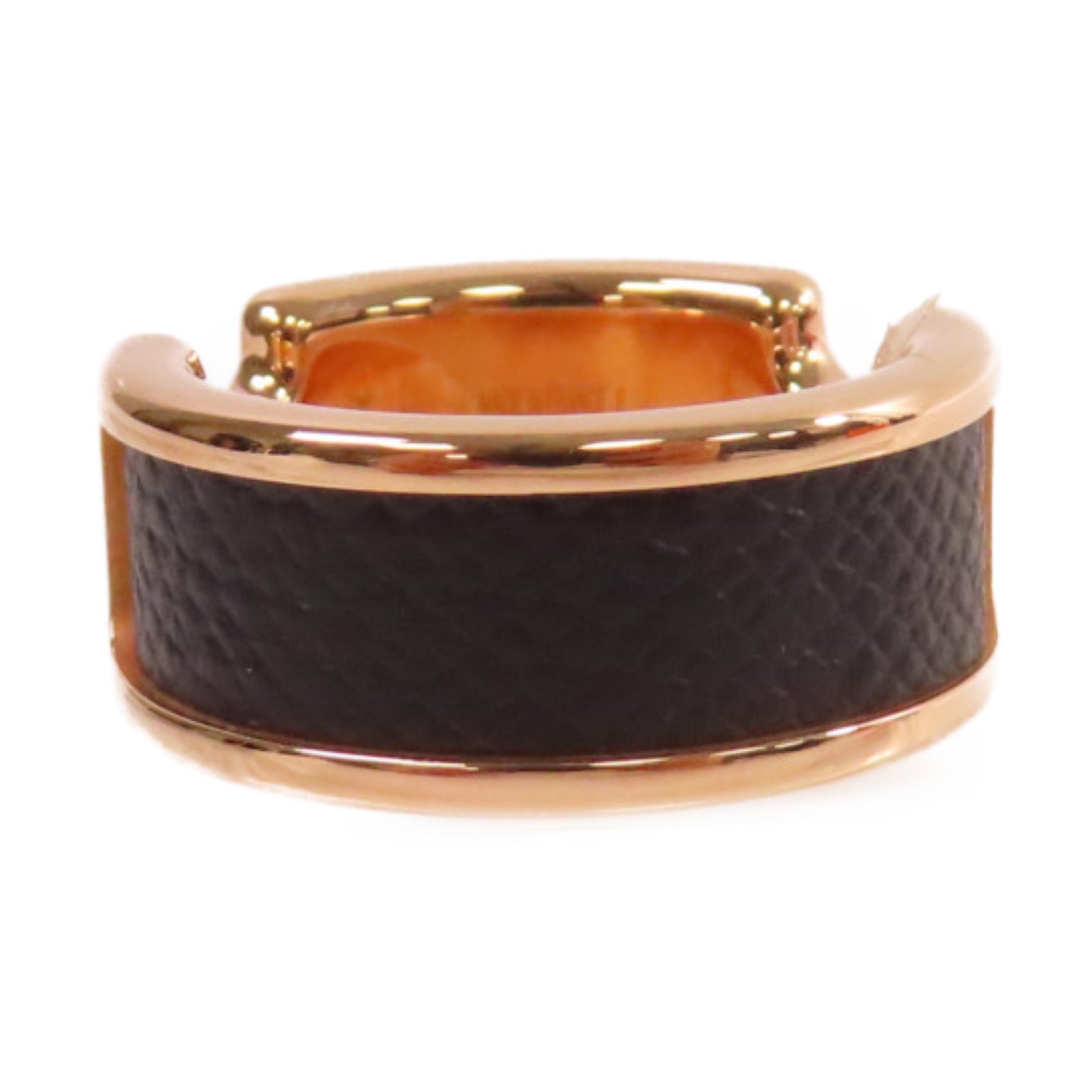 HERMES 玫瑰鍍金/牛皮皮革Olympe Ring S戒指Noir黑色US#6