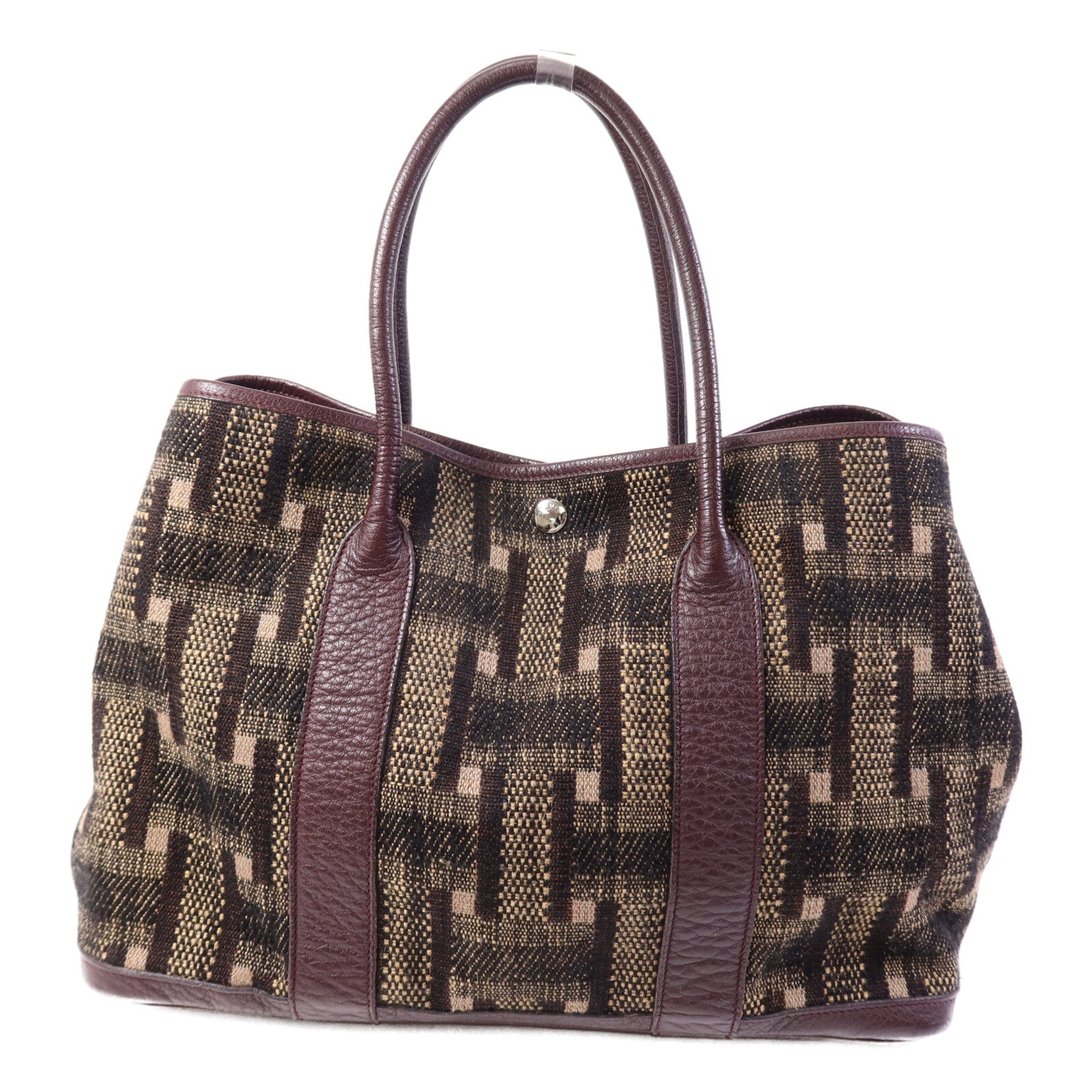 HERMES Wool Fabric/Negonda皮革Garden Party PM銀扣手挽袋Burgundy