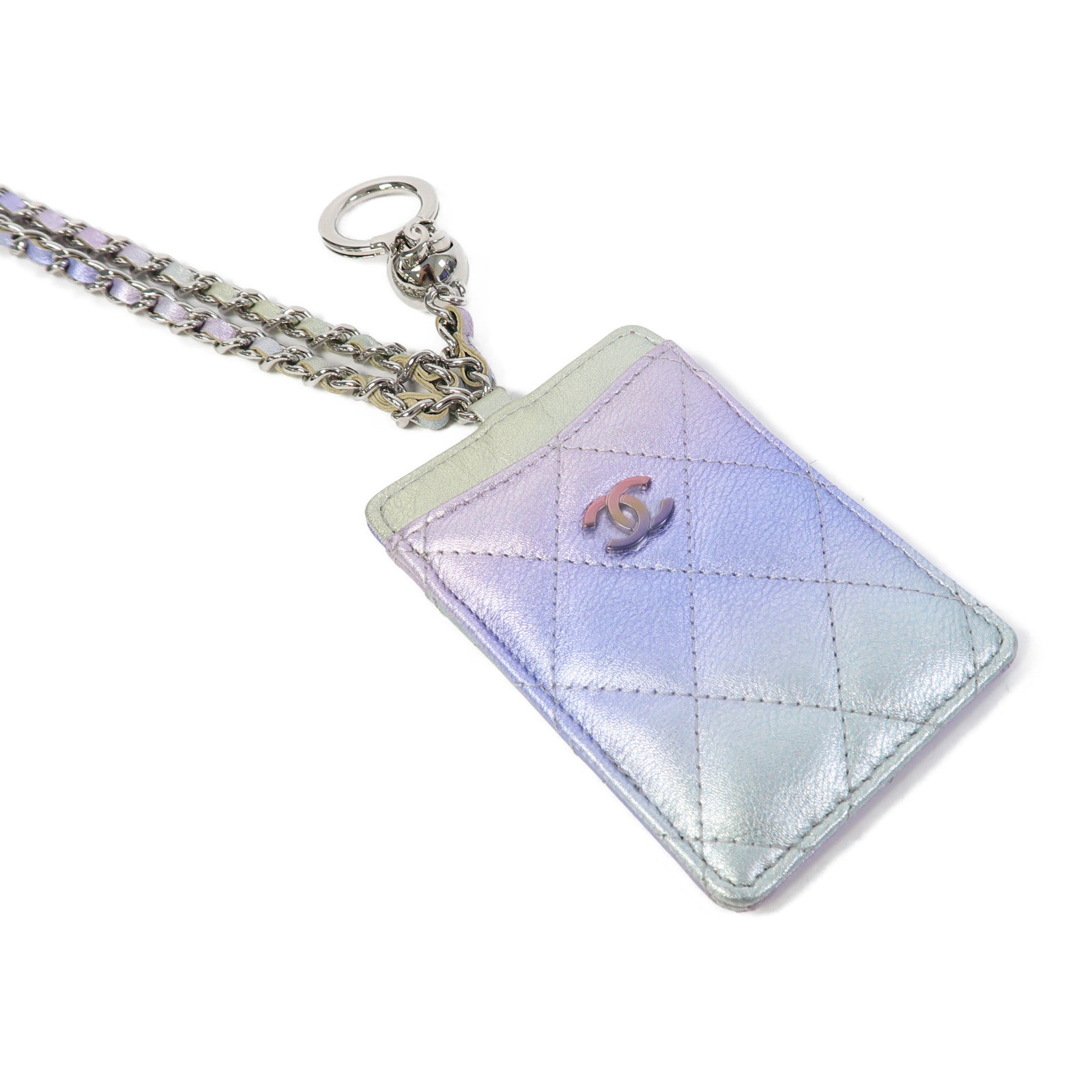 CHANEL 菱格牛皮皮革Card Case銀扣卡片套紫色/綠色
