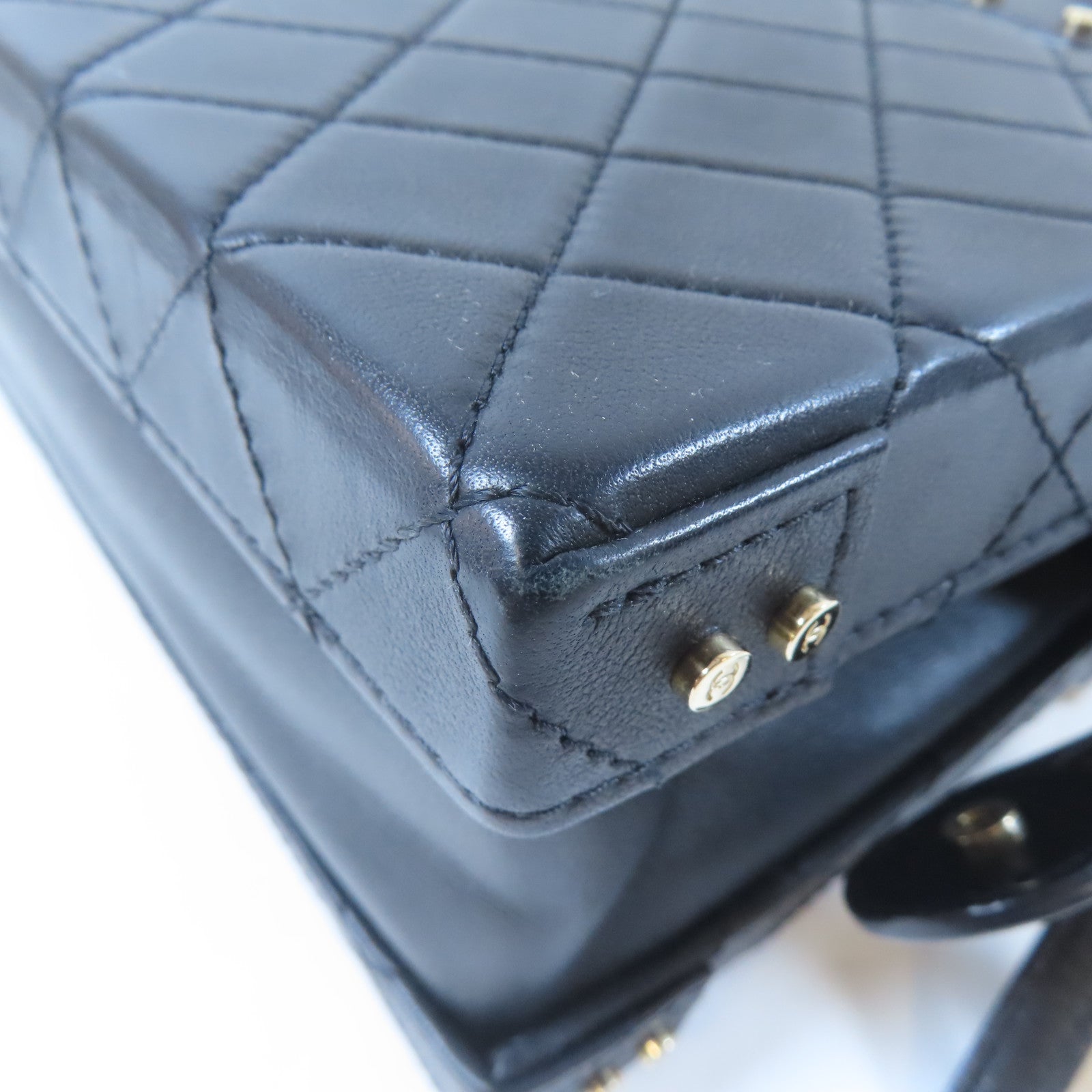 CHANEL 菱格牛皮皮革Chain Box Bag金扣鏈帶手挽肩背兩用袋黑色