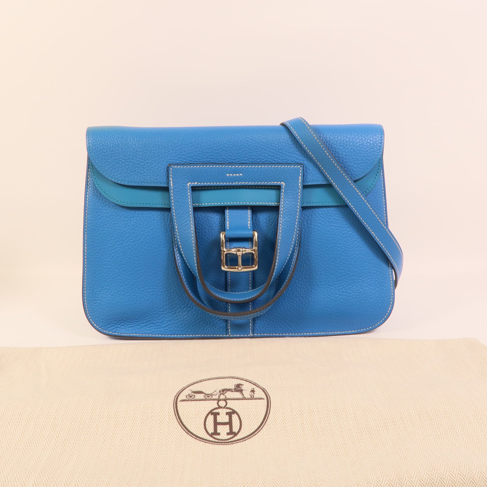 HERMES Clemence皮革Halzan 31手挽肩背兩用袋Bleu Hydra