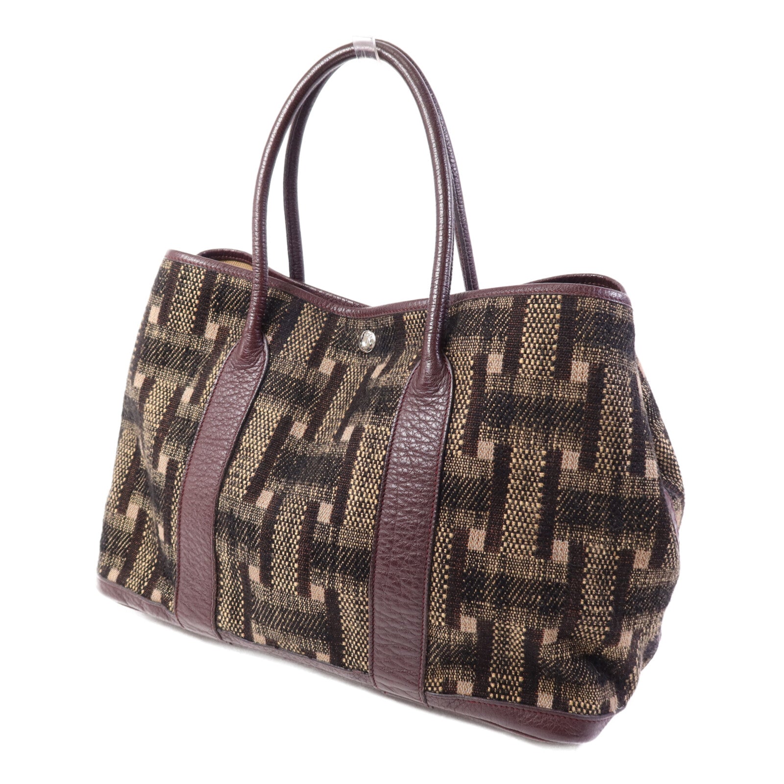 HERMES Wool Fabric/Negonda皮革Garden Party PM銀扣手挽袋Burgundy
