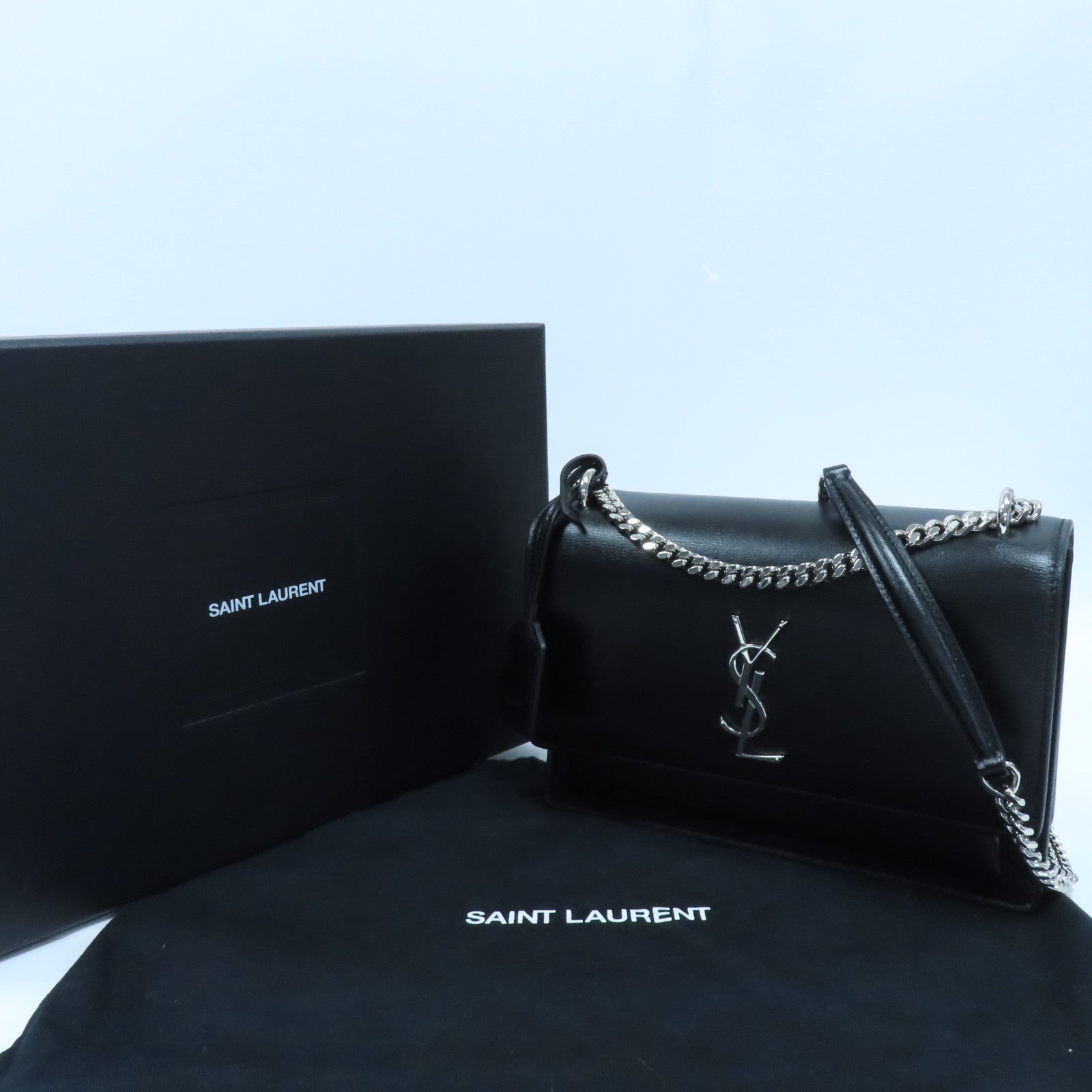 SAINT LAURENT 牛皮皮革Sunset Medium銀扣鏈帶肩背袋黑色