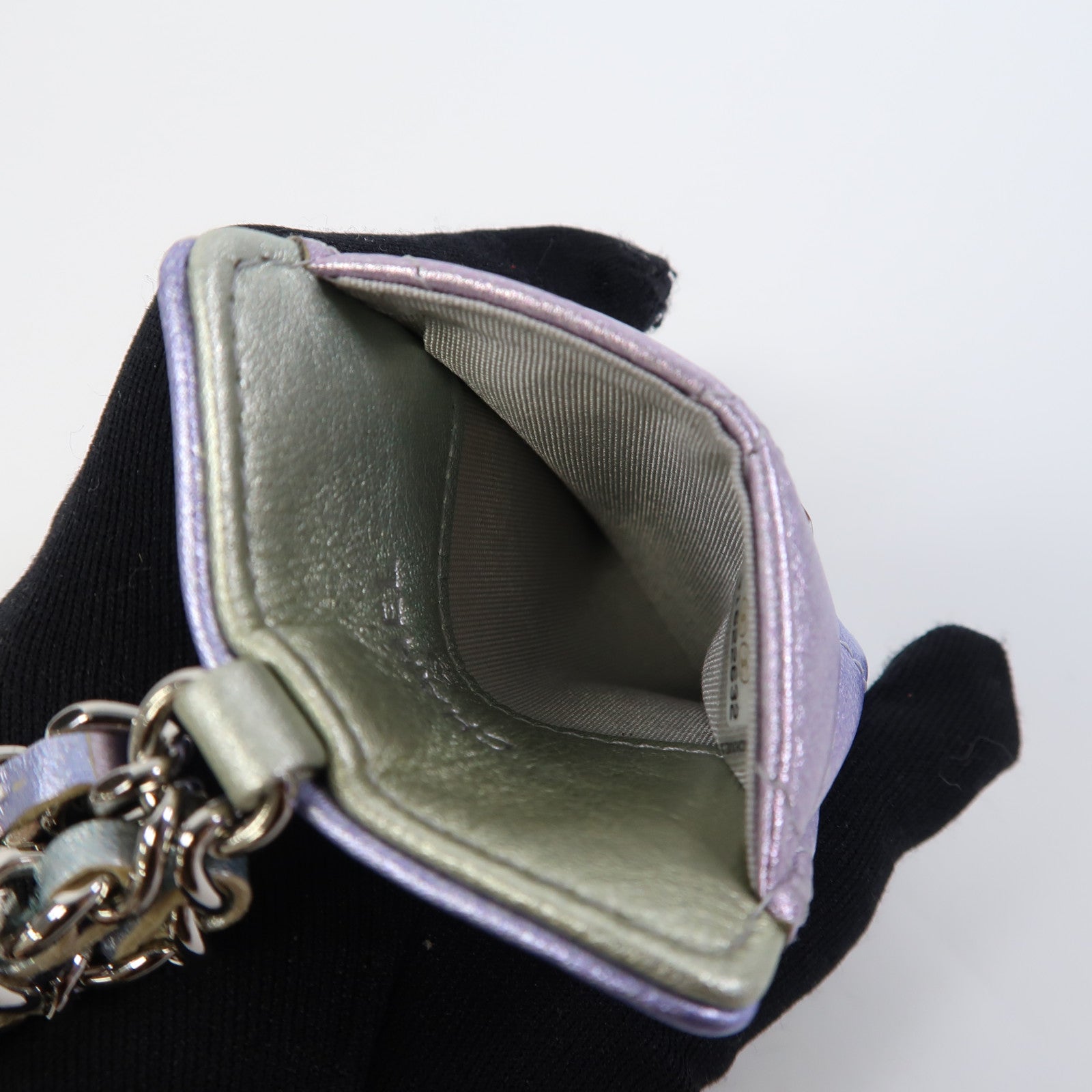 CHANEL 菱格牛皮皮革Card Case銀扣卡片套紫色/綠色