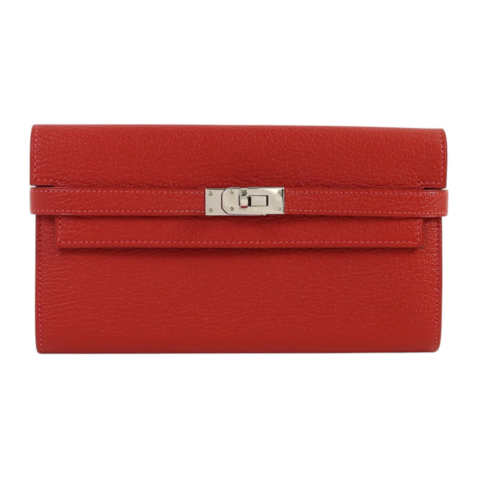 HERMES Chevre皮革Kelly Wallet銀扣長錢包Rouge Vif