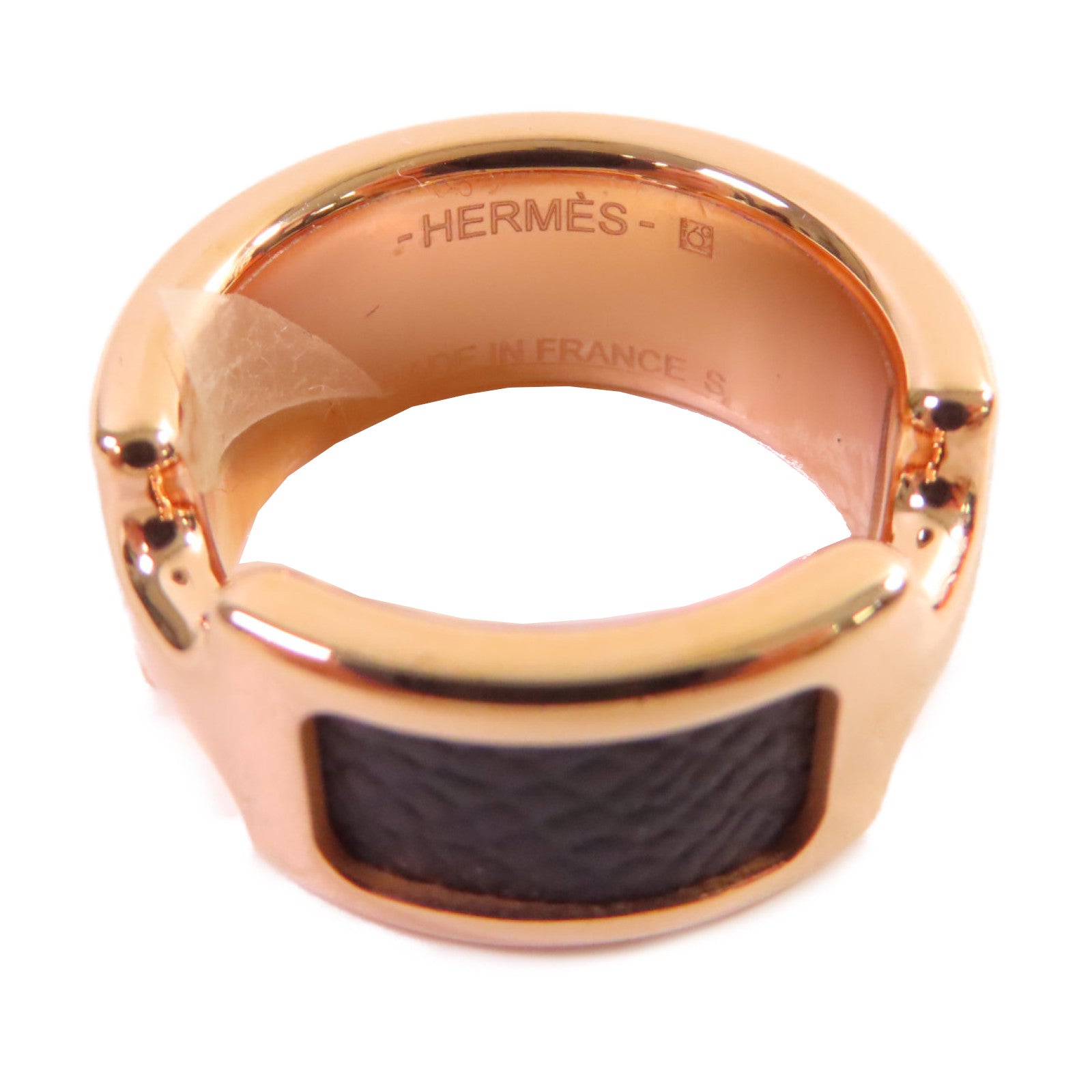 HERMES 玫瑰鍍金/牛皮皮革Olympe Ring S戒指Noir黑色US#6