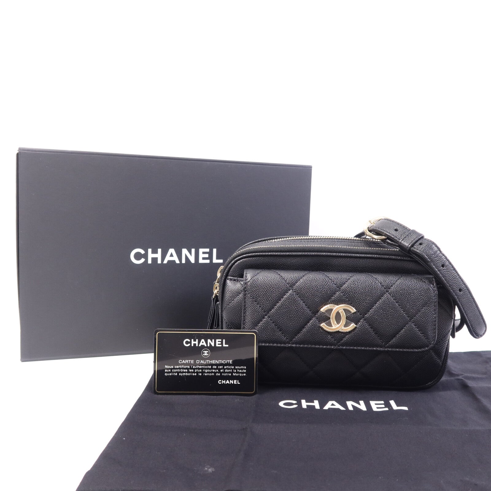 CHANEL 牛皮皮革Waist Bag金扣鏈帶腰包