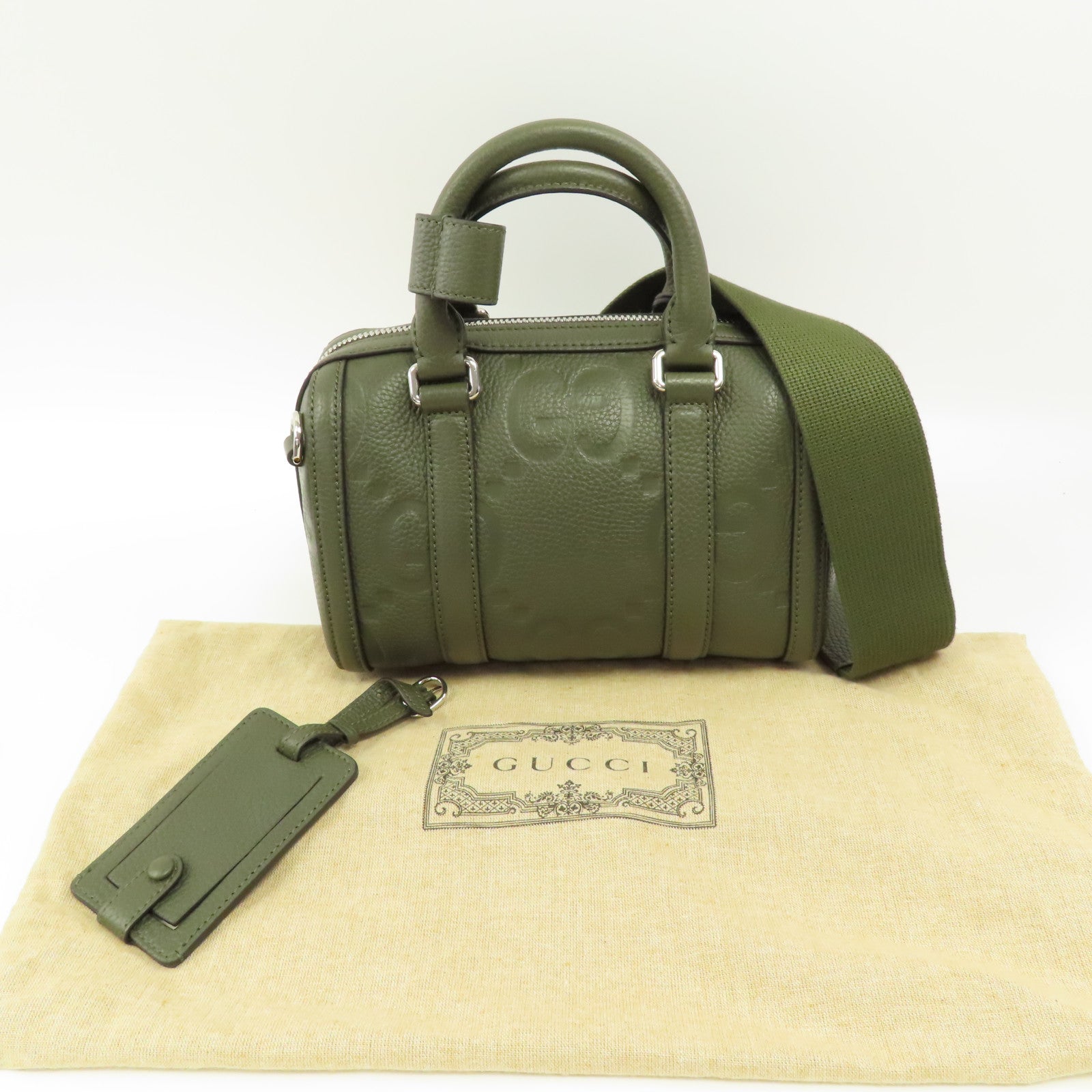 GUCCI GG SHW Mini Jumbo GG Duffle 2 Way Shoulder Hand Bag Calfskin Leather Green