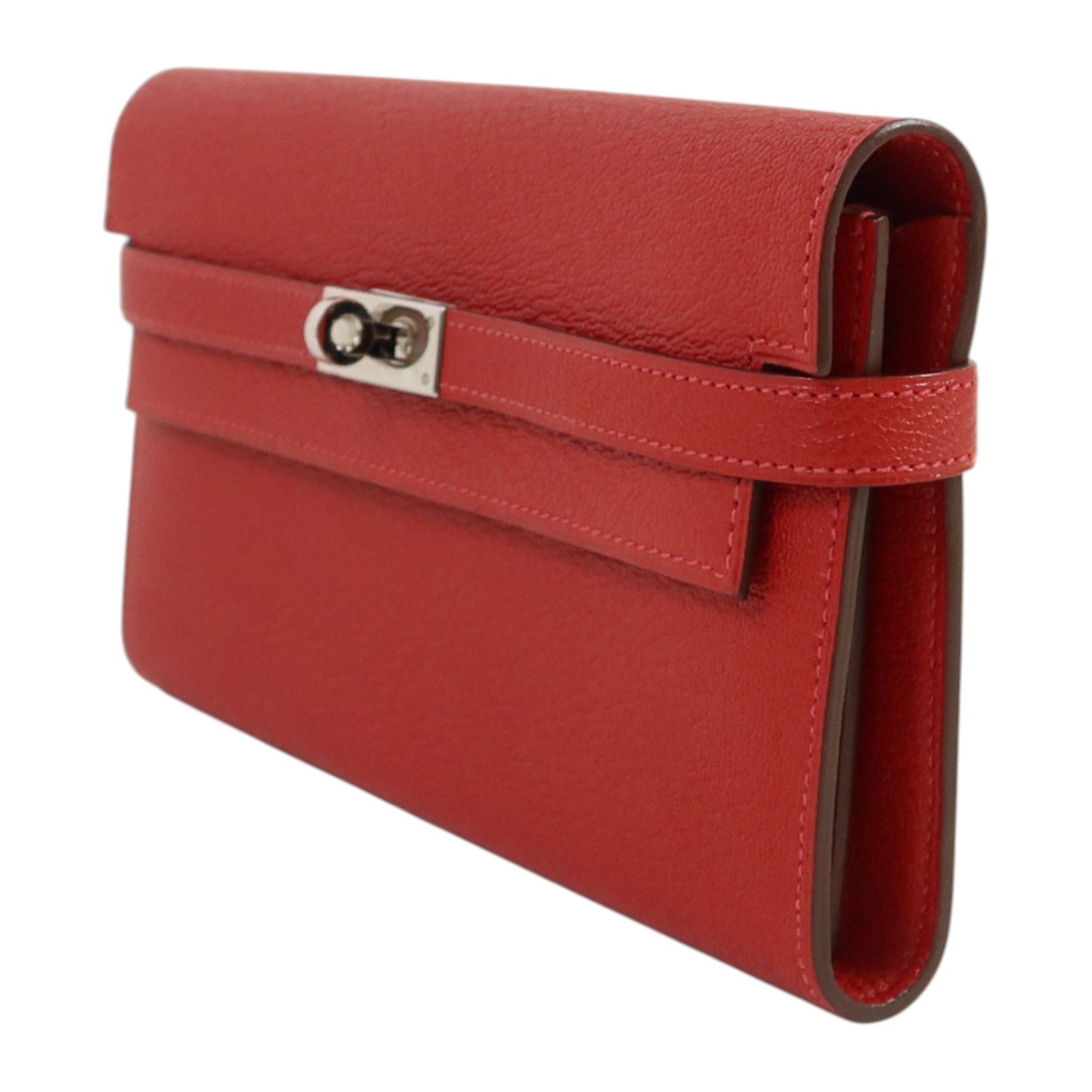 HERMES Chevre皮革Kelly Wallet銀扣長錢包Rouge Vif