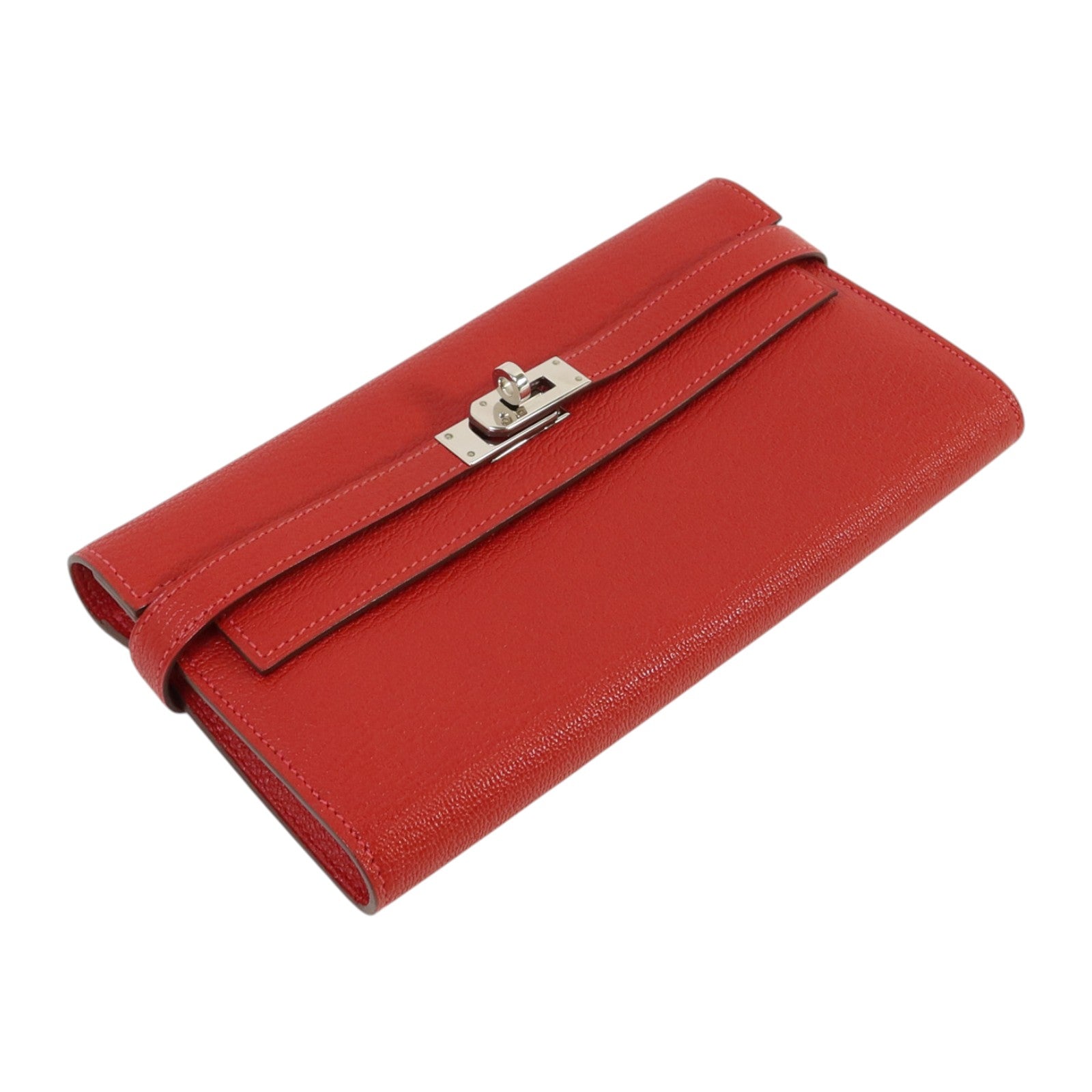 HERMES Chevre皮革Kelly Wallet銀扣長錢包Rouge Vif