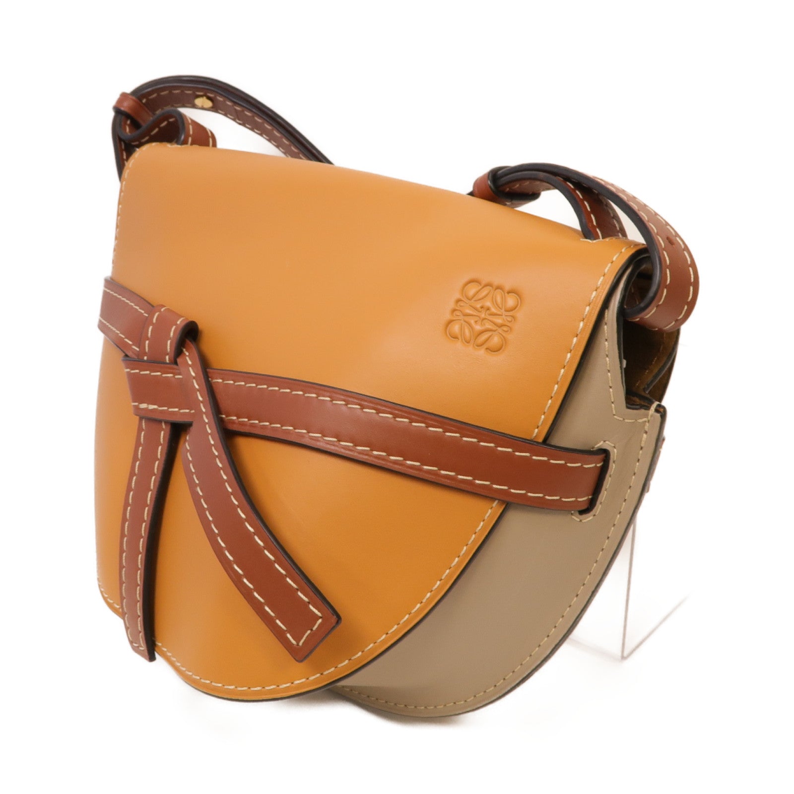 LOEWE 牛皮皮革Gate Small金扣肩背袋棕色/灰色