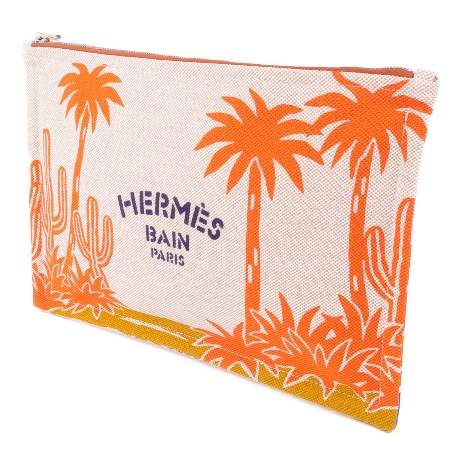 HERMES 帆布Le Bel Oasis Case銀扣手拿包