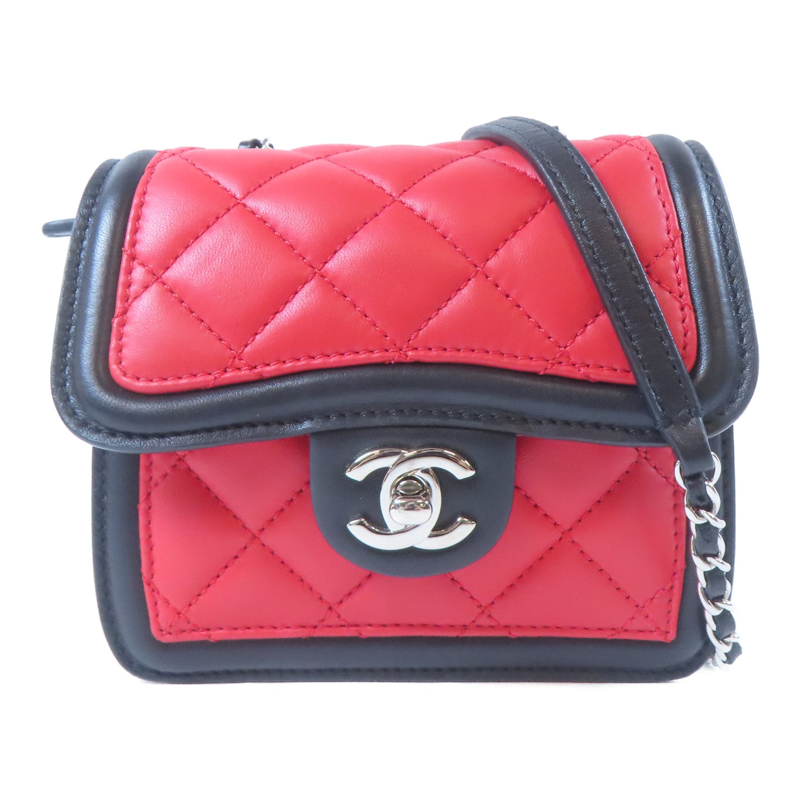 CHANEL 菱格羊皮皮革Mini Graphic Flap銀扣鏈帶肩背袋紅色/黑色