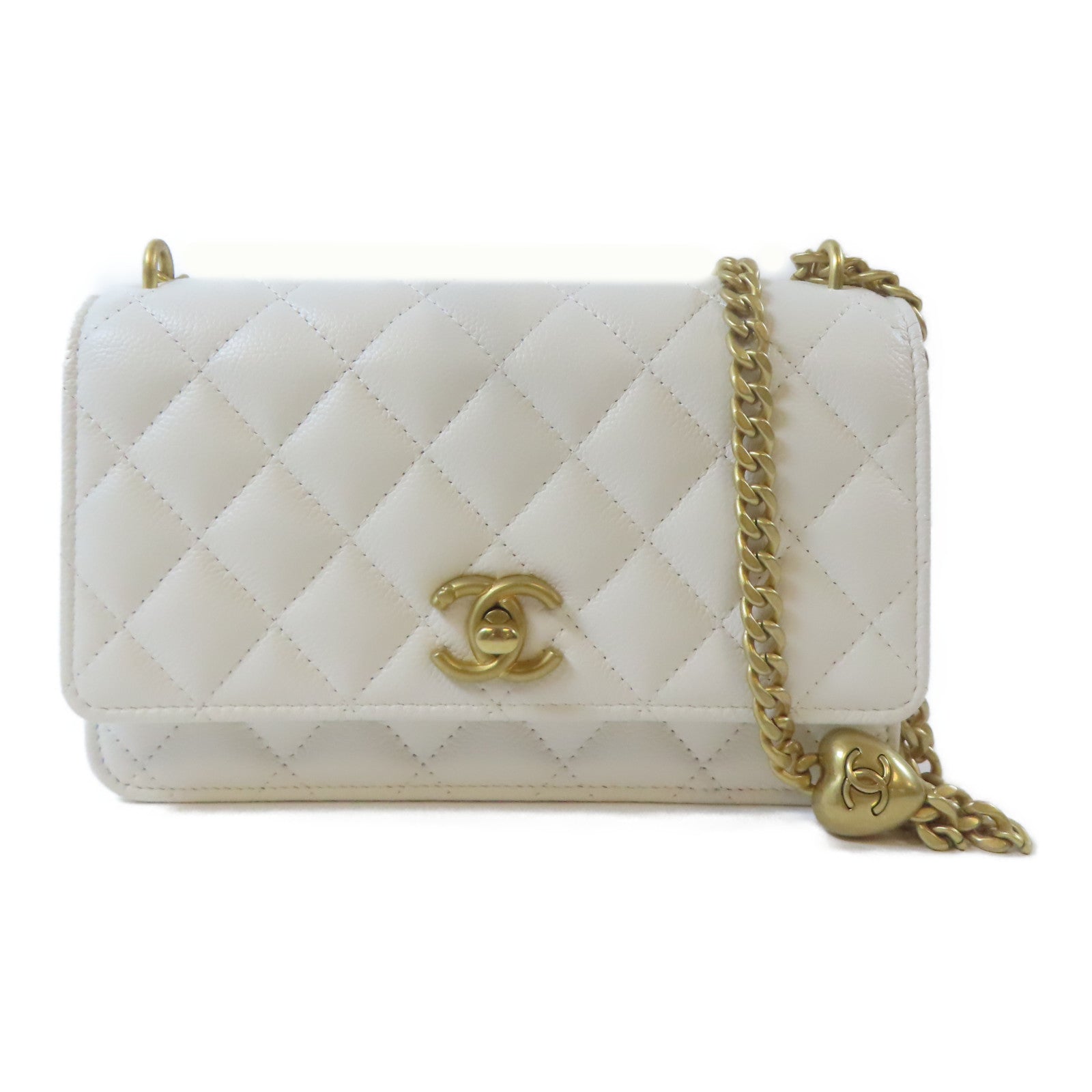 CHANEL 【激減優惠】菱格牛皮皮革WOC Wallet On Chain金扣鏈帶肩背袋白色
